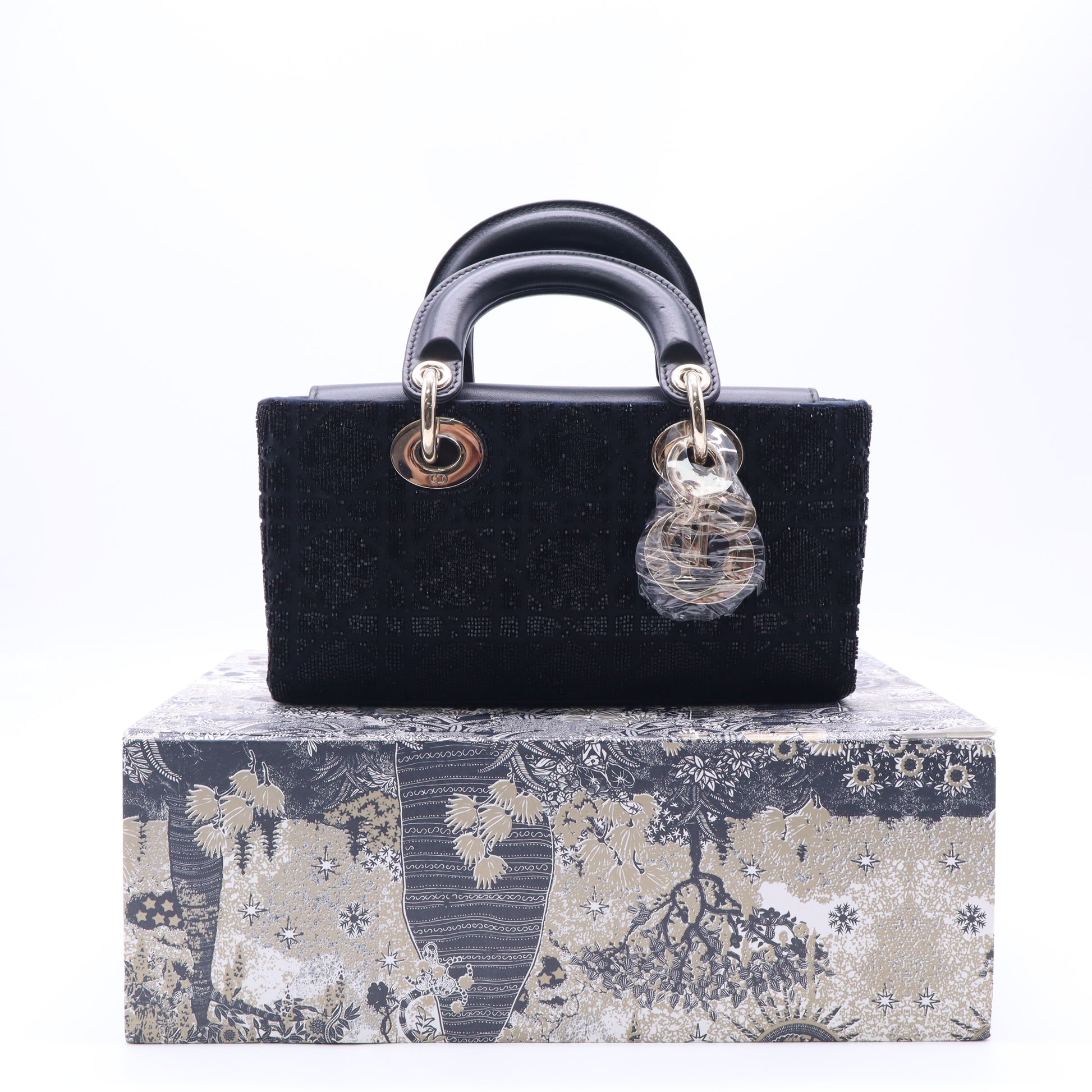 Dior Or Small Lady D-Joy Bag in Black Microbead-Embroidered Cotton with Cannage Motif twins LDZ979