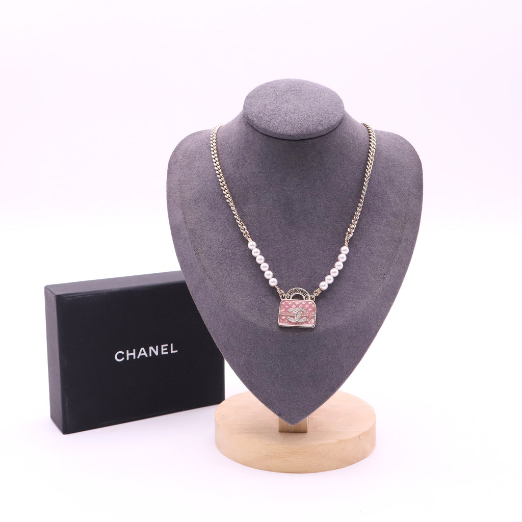 CHANEL Gold Metal Faux Pearl and Chain Flap Bag Necklace twins