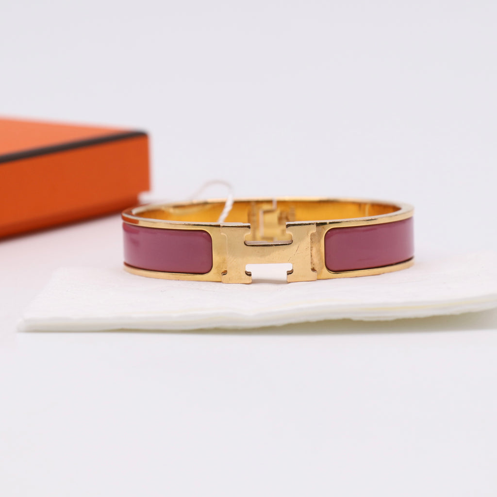 Hermès Pink Enamel Clic H Bangle Gold Hardware Full Set Box Twins LDZ443