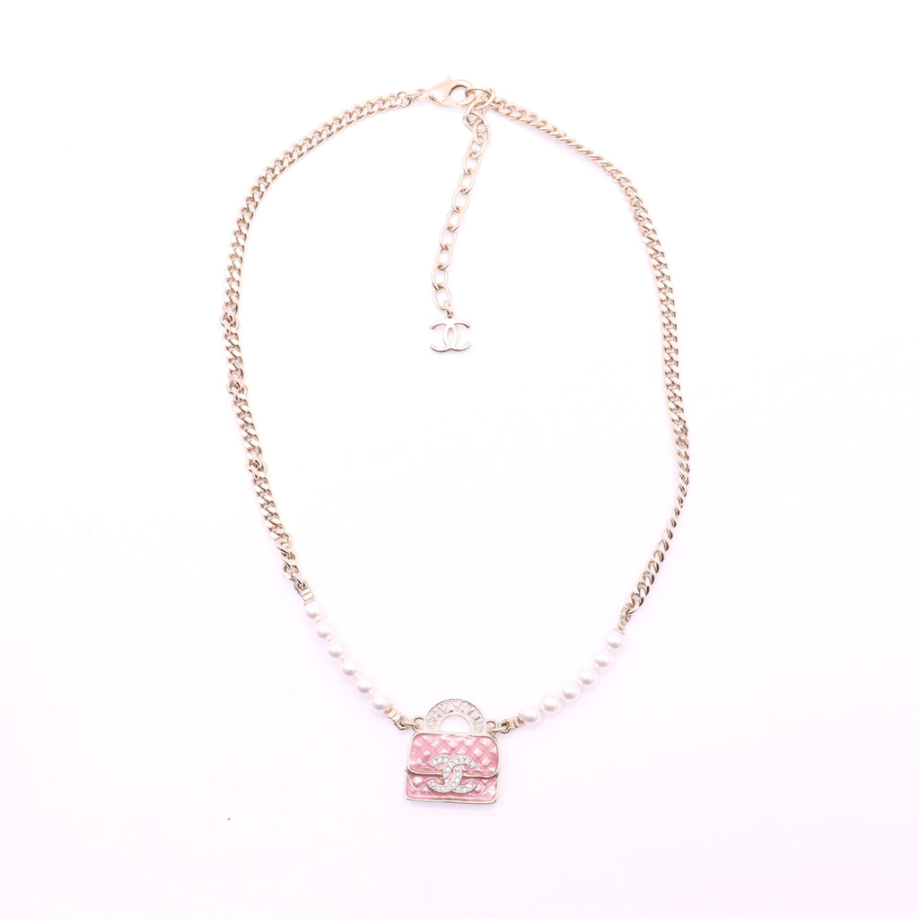 CHANEL Gold Metal Faux Pearl and Chain Flap Bag Necklace twins