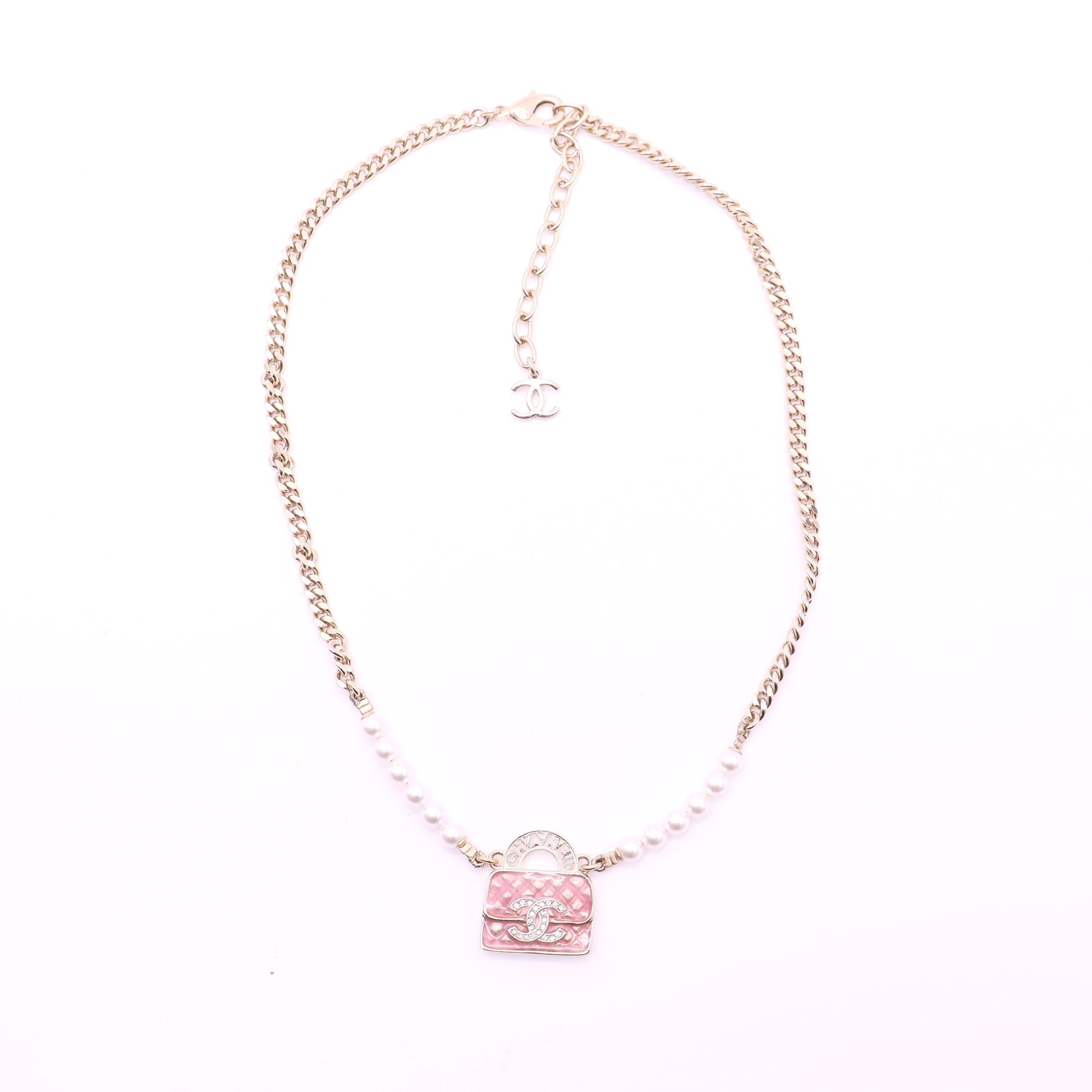 CHANEL Gold Metal Faux Pearl and Chain Flap Bag Necklace twins