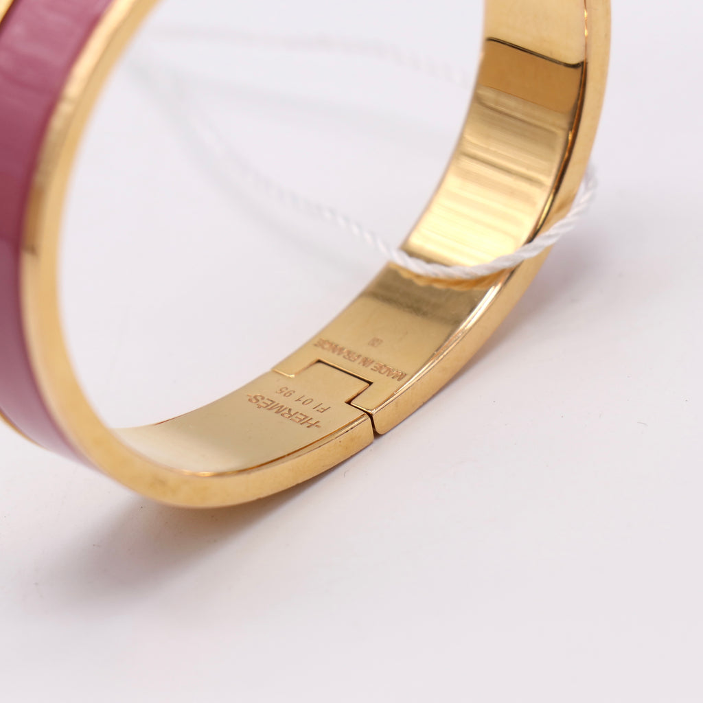 Hermès Pink Enamel Clic H Bangle Gold Hardware Full Set Box Twins LDZ443