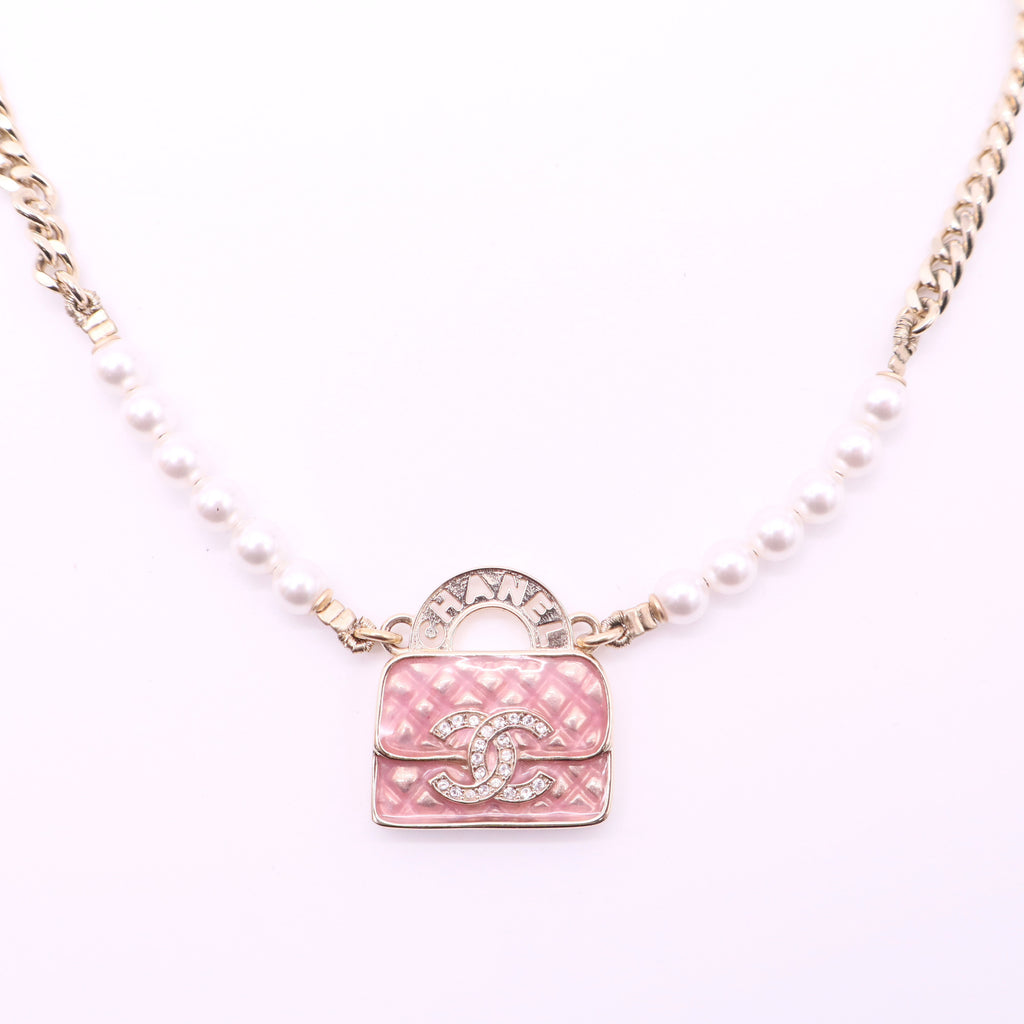 CHANEL Gold Metal Faux Pearl and Chain Flap Bag Necklace twins