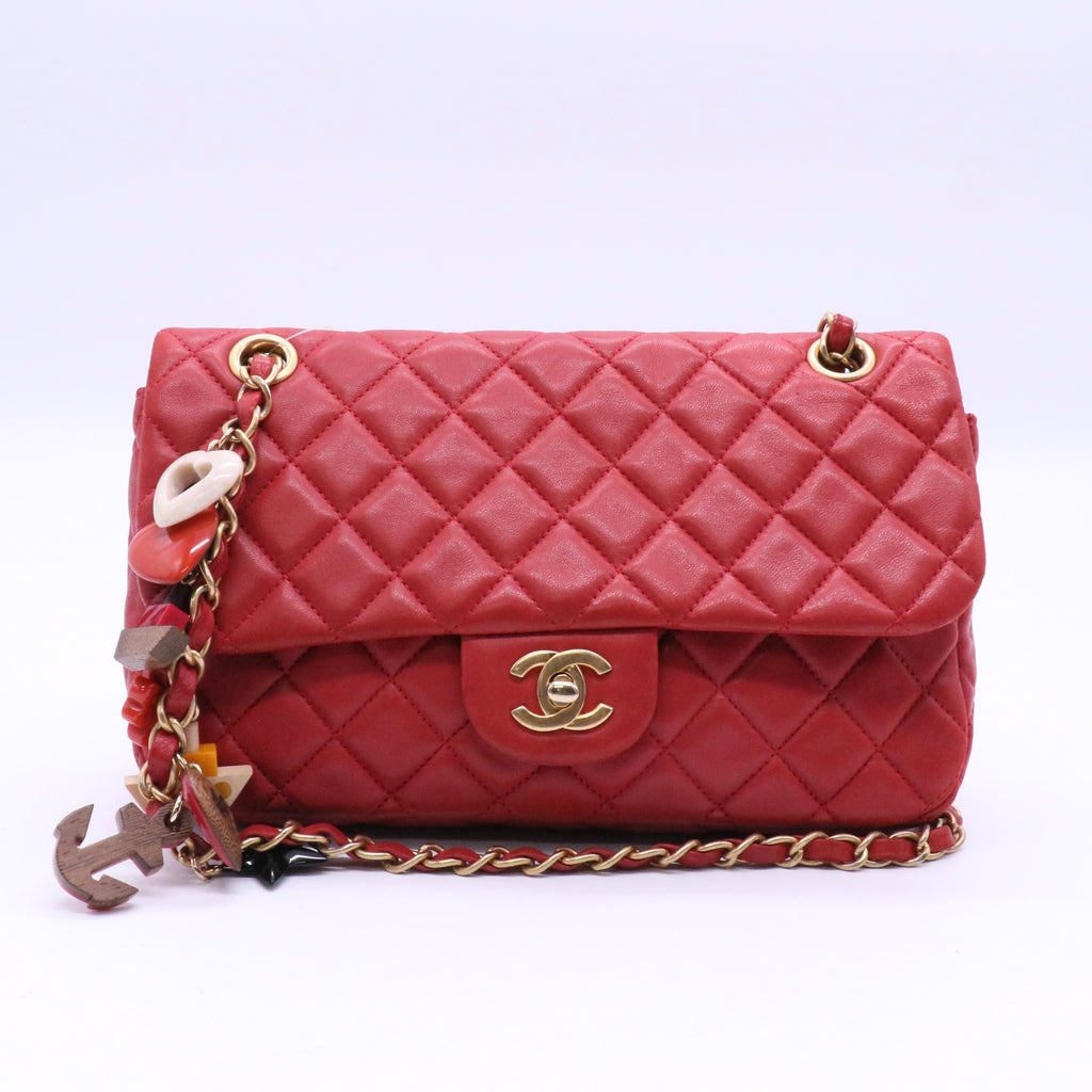 Red Quilted Lambskin Leather Cruise Charm Small Flap Bag Twins LDJ3622