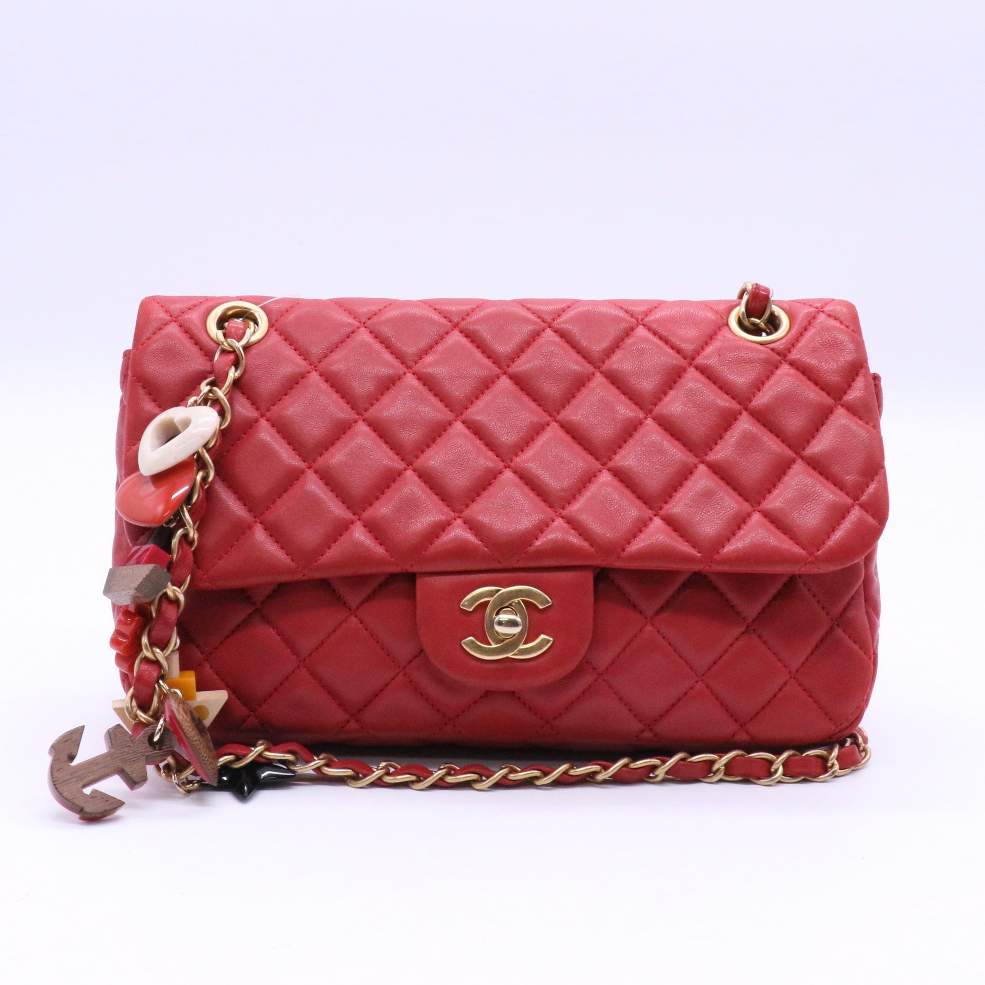 Red Quilted Lambskin Leather Cruise Charm Small Flap Bag Twins LDJ3622