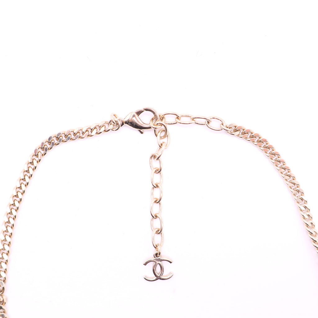CHANEL Gold Metal Faux Pearl and Chain Flap Bag Necklace twins