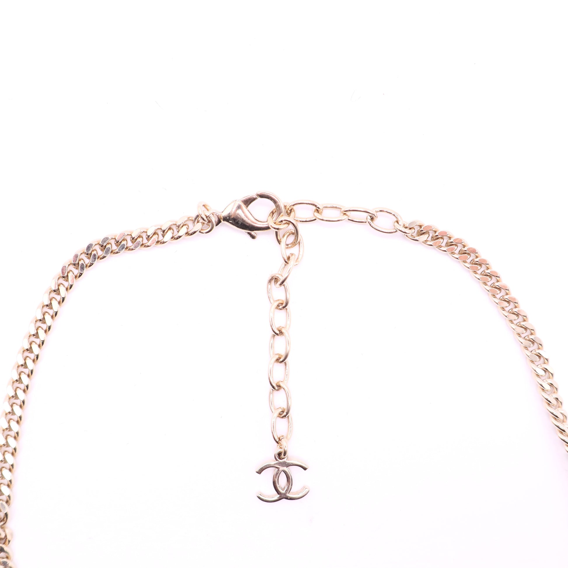 CHANEL Gold Metal Faux Pearl and Chain Flap Bag Necklace twins