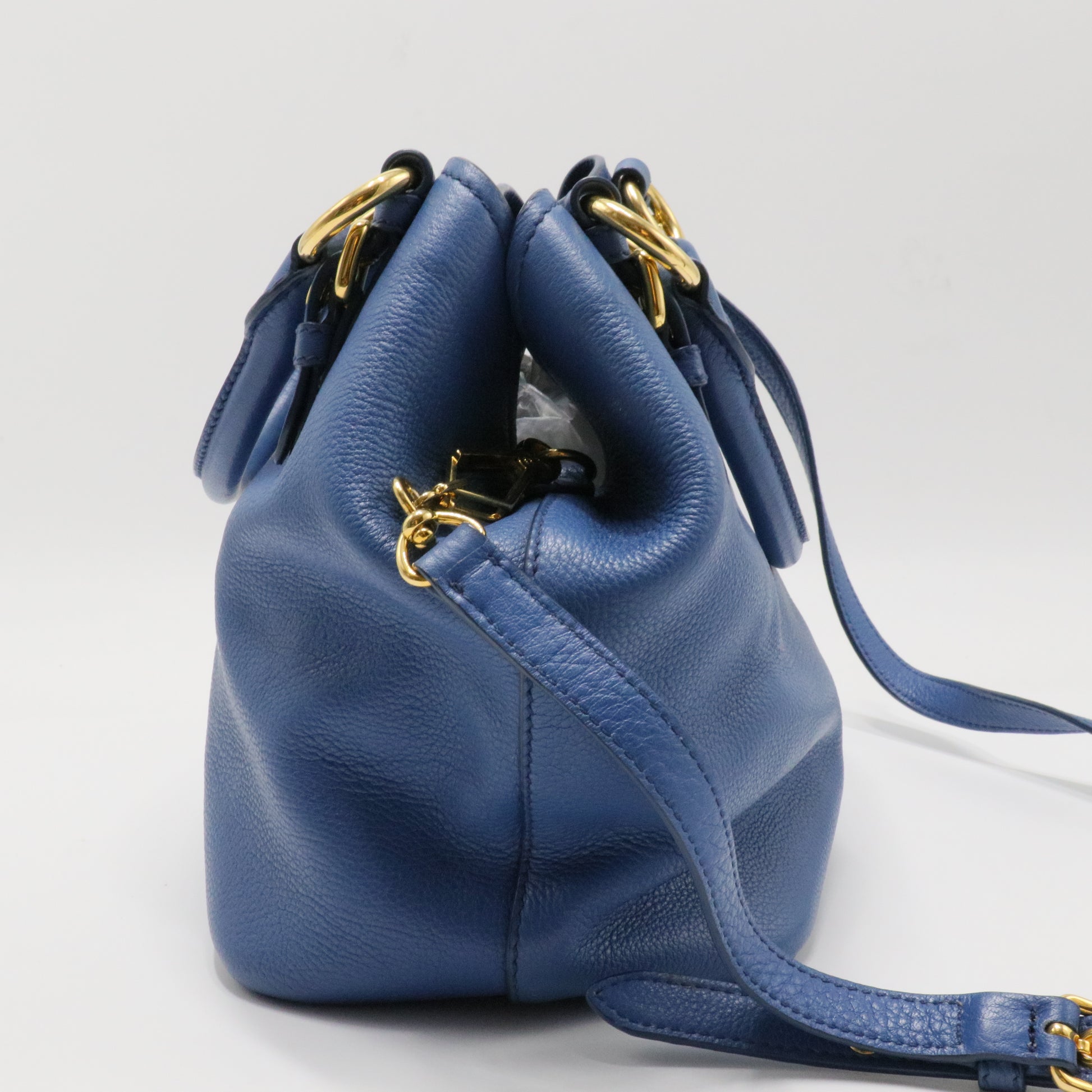 HandBag Leather 2 Way Blue Gold Hardware