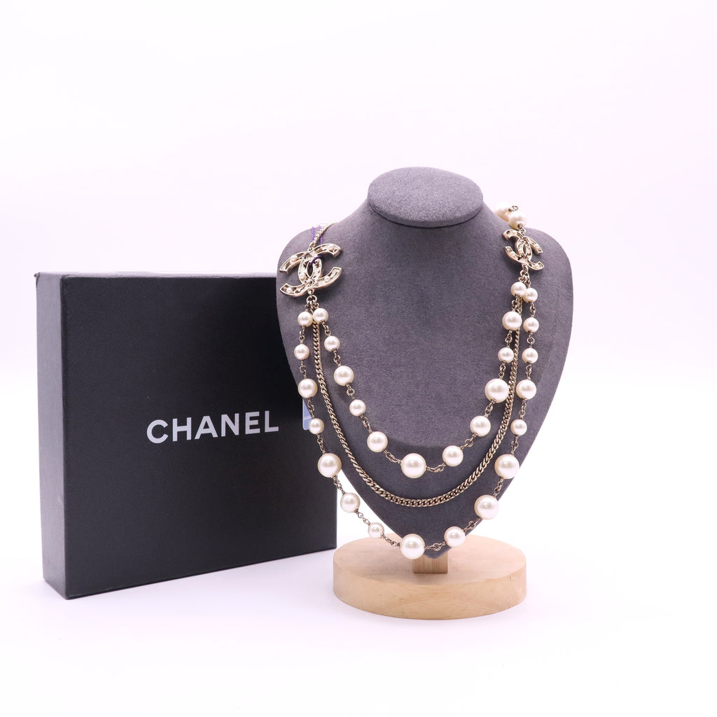 Chanel RARE Pearl Embellished CC Necklace Long Limited Edition twins