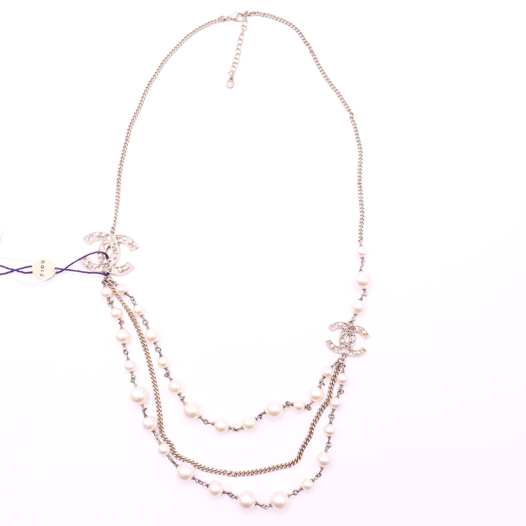 Chanel RARE Pearl Embellished CC Necklace Long Limited Edition twins