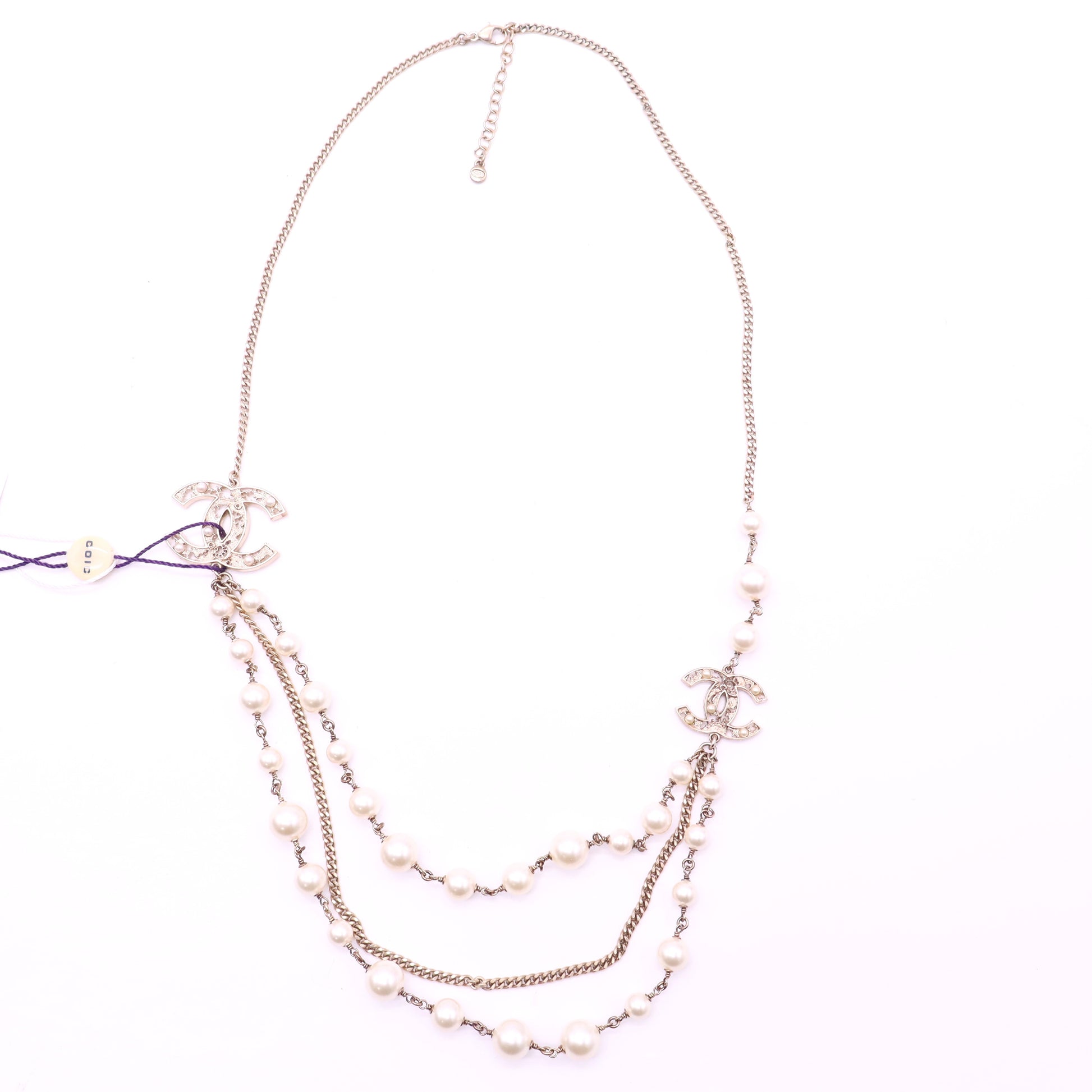 Chanel RARE Pearl Embellished CC Necklace Long Limited Edition twins
