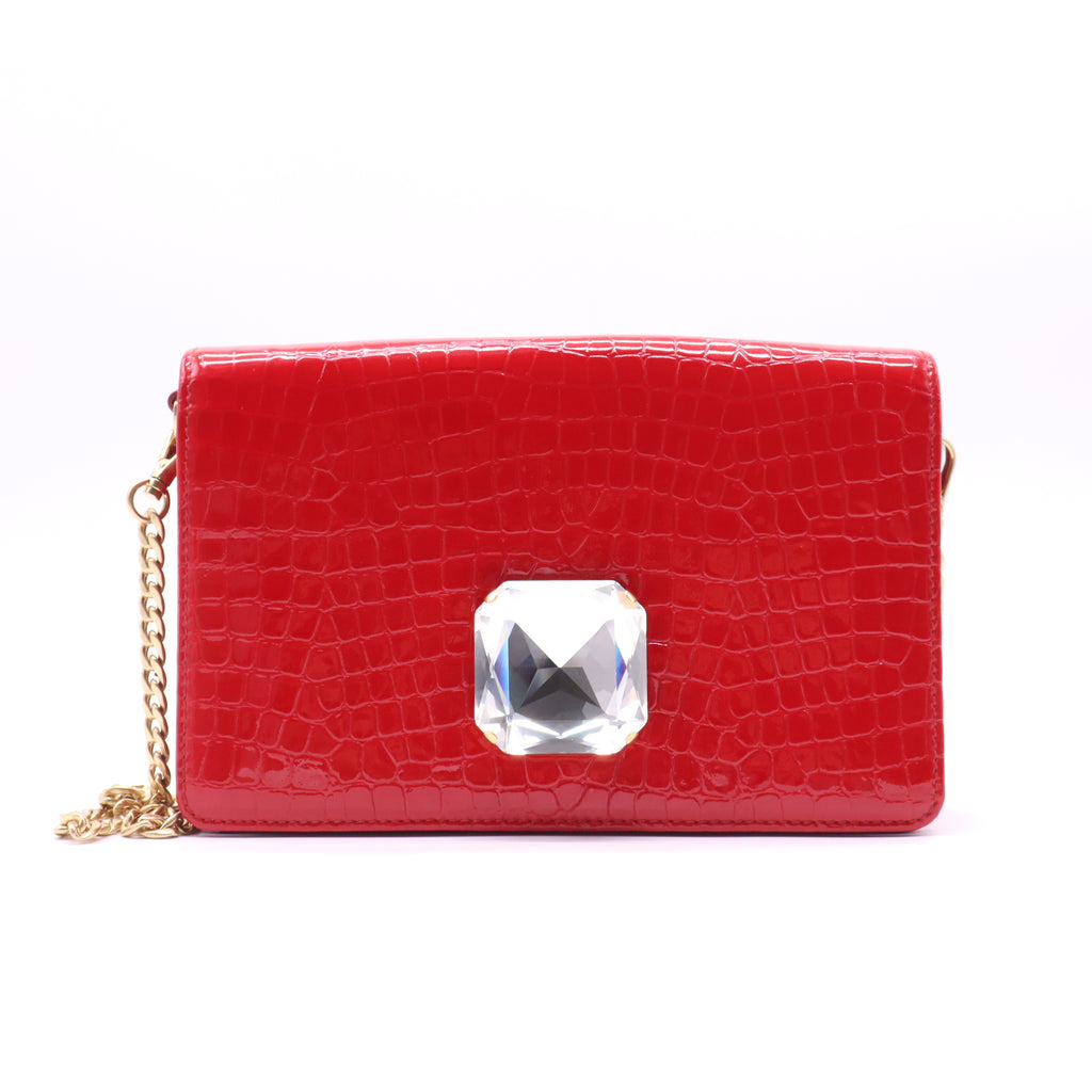 Prada Croc-Embossed Patent Crystal Flap Shoulder Bag B22260