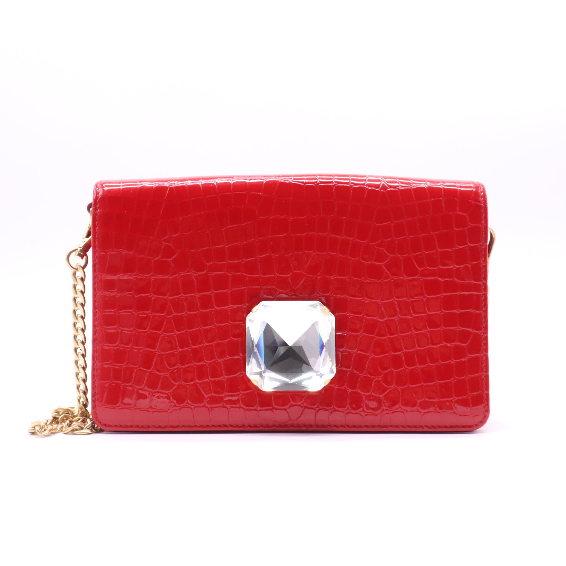 Prada Croc-Embossed Patent Crystal Flap Shoulder Bag B22260