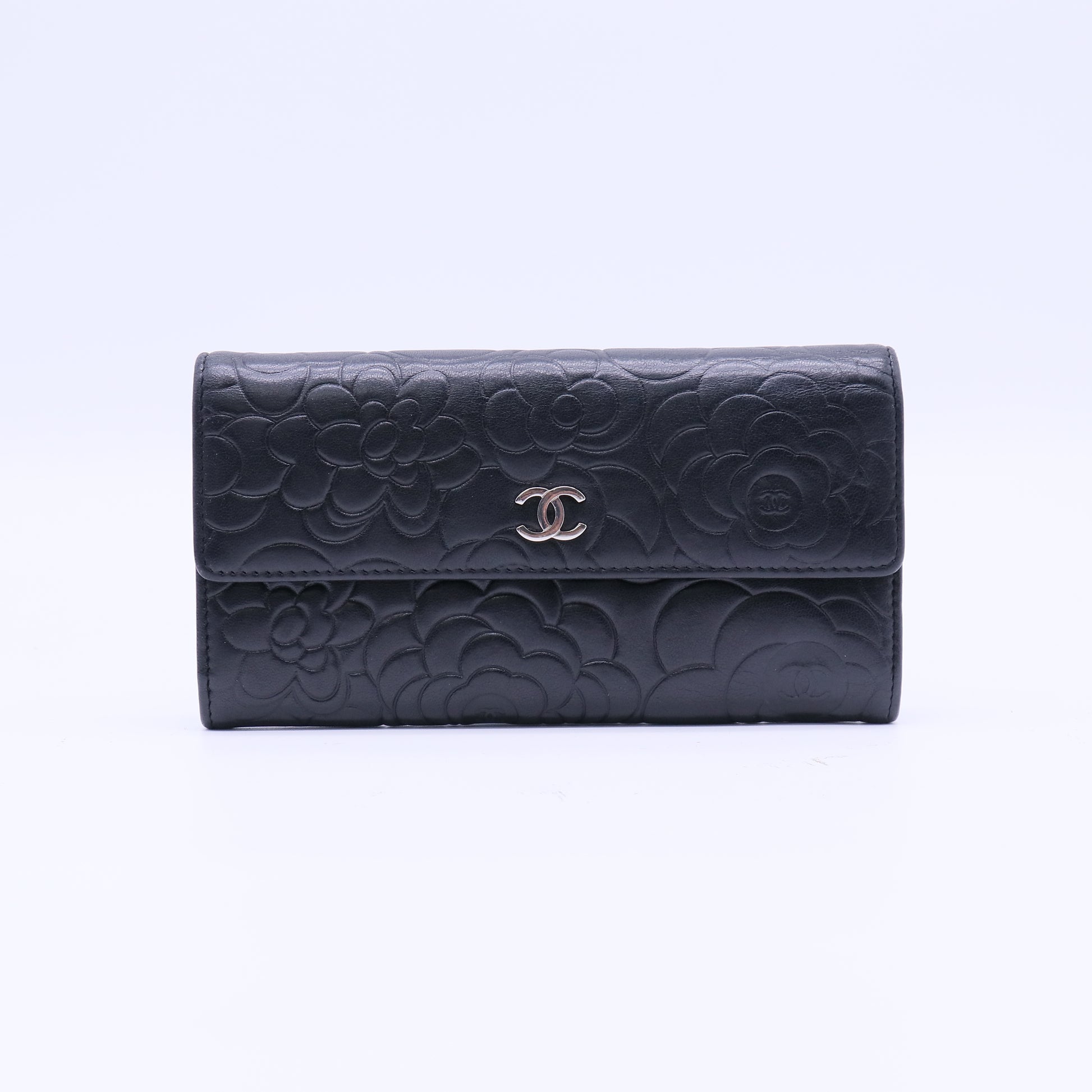 Lambskin Camellia Embossed Large Flap Wallet Black Twins LDJ4140