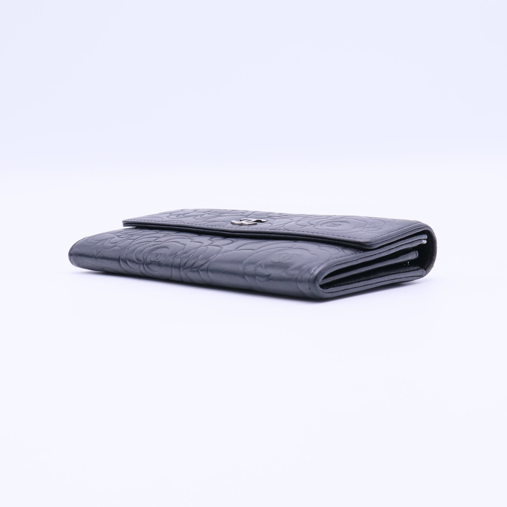 Lambskin Camellia Embossed Large Flap Wallet Black Twins LDJ4140