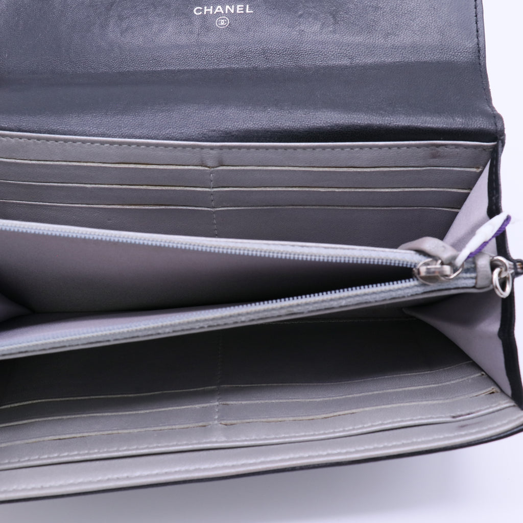 Lambskin Camellia Embossed Large Flap Wallet Black Twins LDJ4140