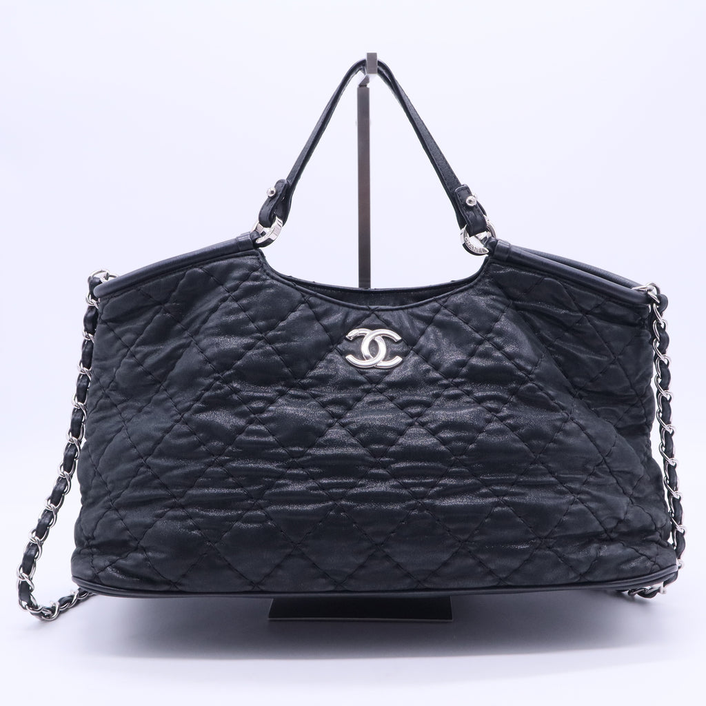 Iridescent Calfskin Quilted Small Sea Hit Tote Navy B10983