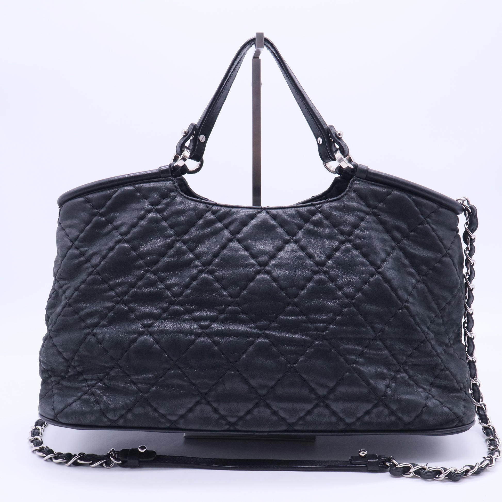 Iridescent Calfskin Quilted Small Sea Hit Tote Navy B10983