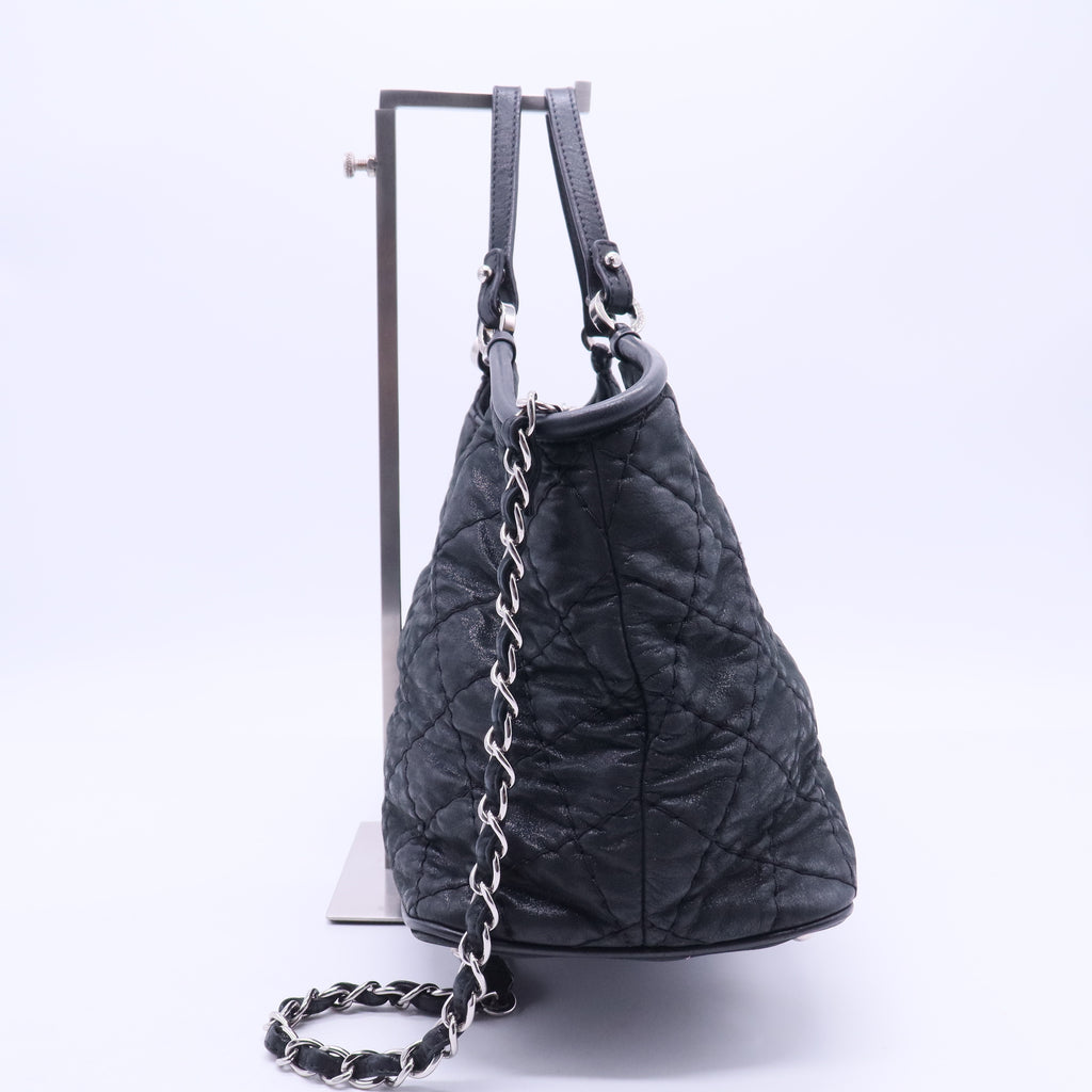Iridescent Calfskin Quilted Small Sea Hit Tote Navy B10983