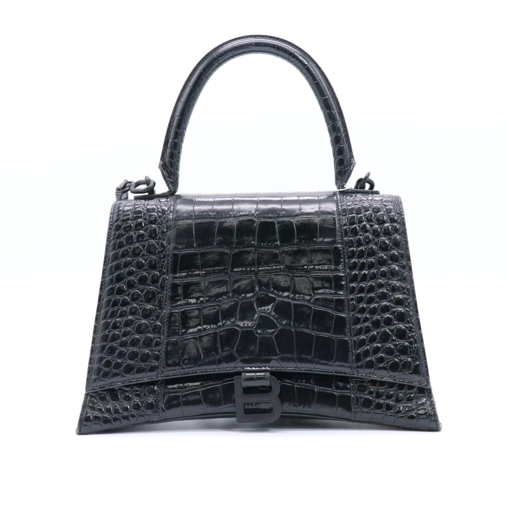 Shiny Calfskin Monochrome Crocodile Embossed Medium Hourglass Top Handle Bag Twins