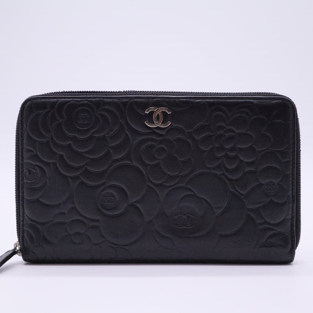 Lambskin Camellia Embossed Zip Around Organizer Wallet