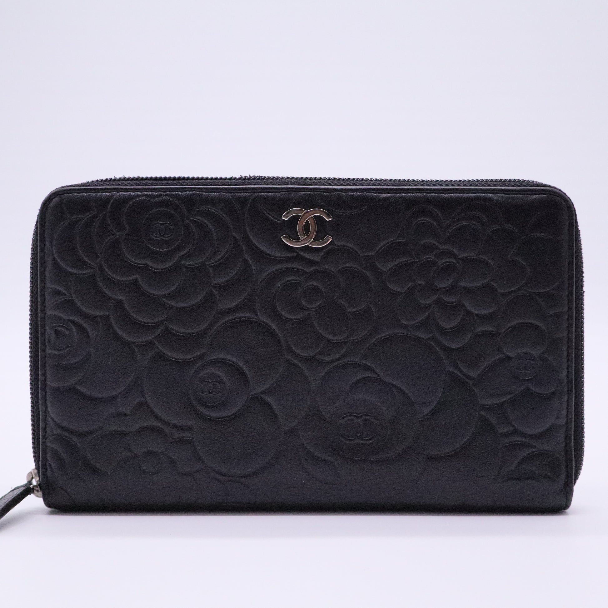 Lambskin Camellia Embossed Zip Around Organizer Wallet