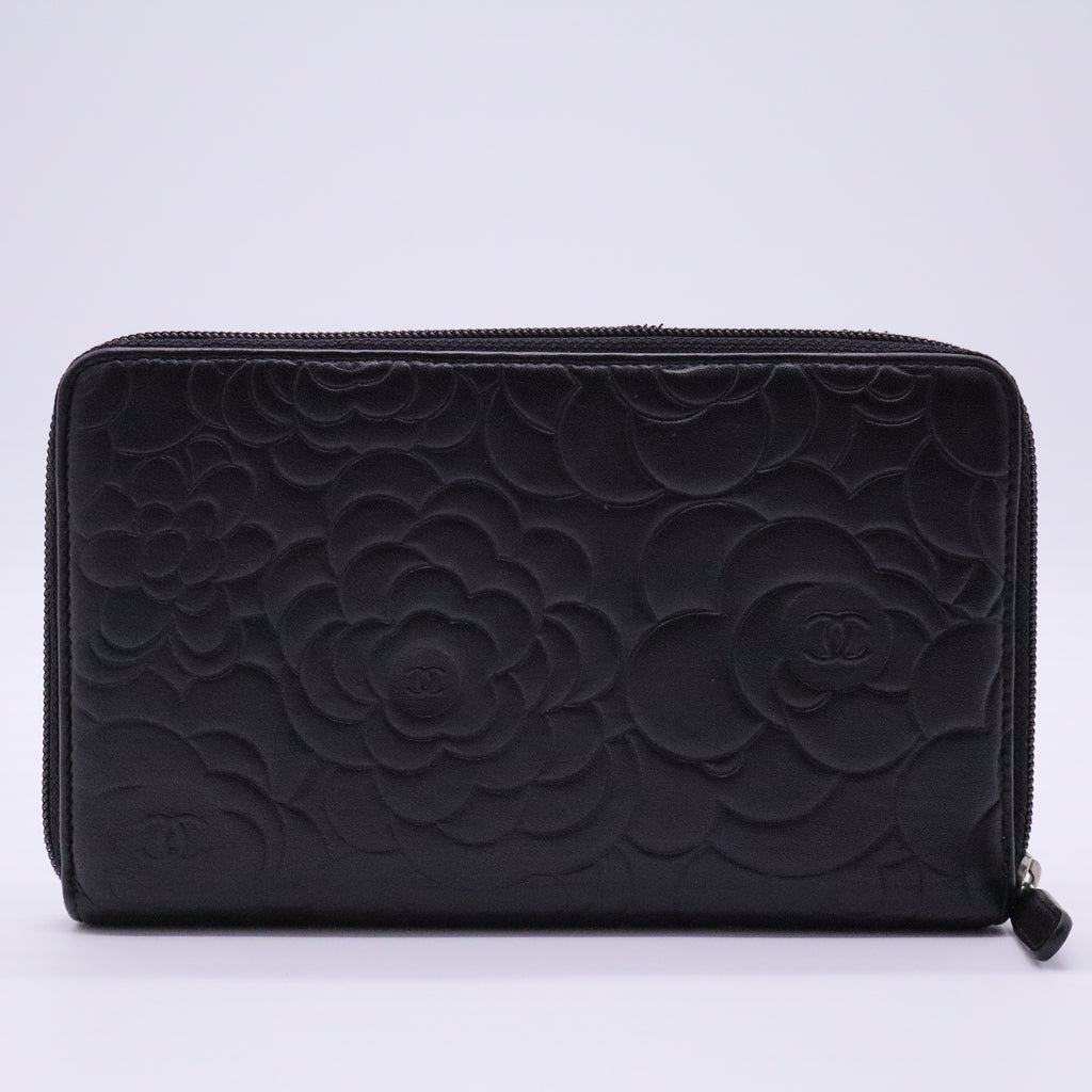 Lambskin Camellia Embossed Zip Around Organizer Wallet