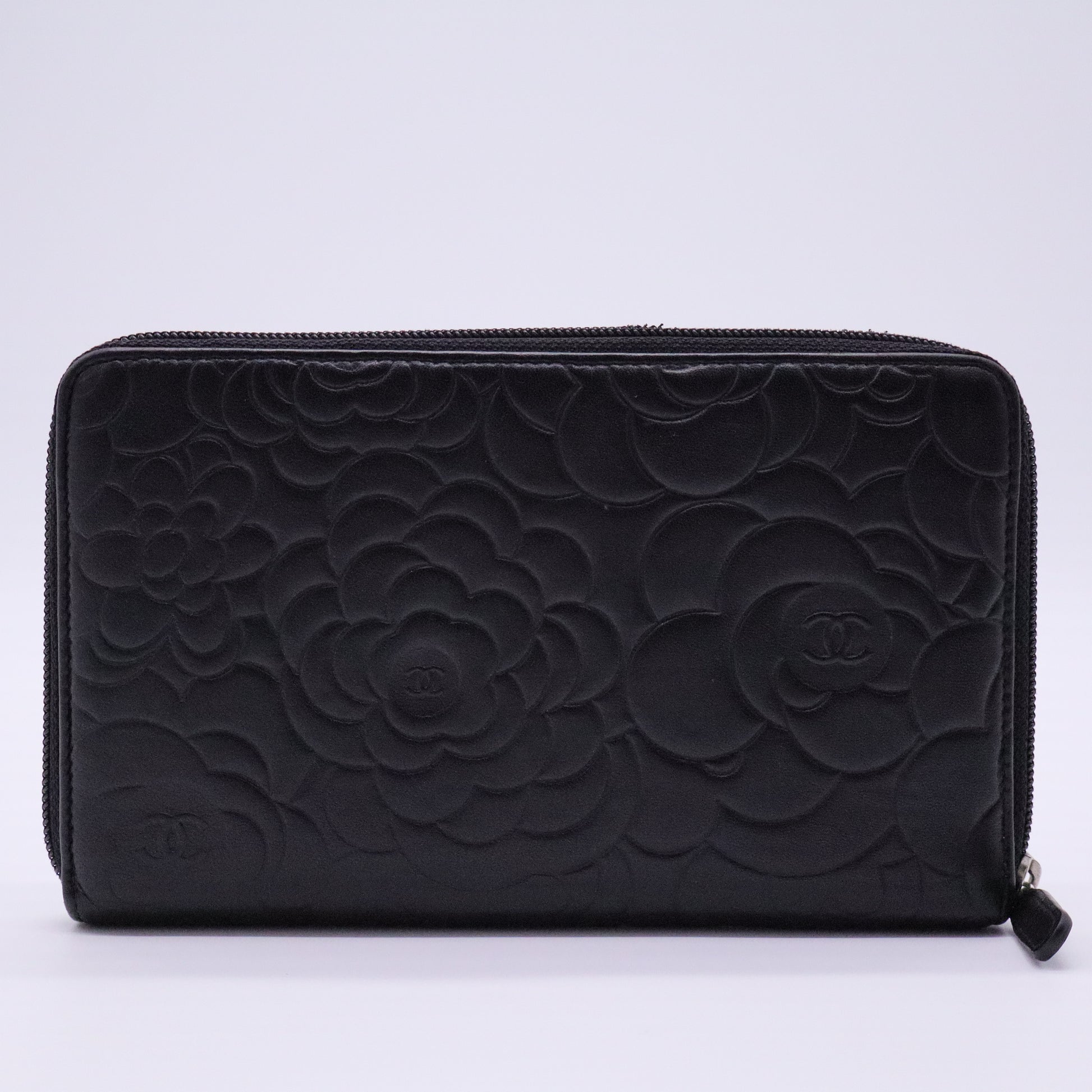 Lambskin Camellia Embossed Zip Around Organizer Wallet
