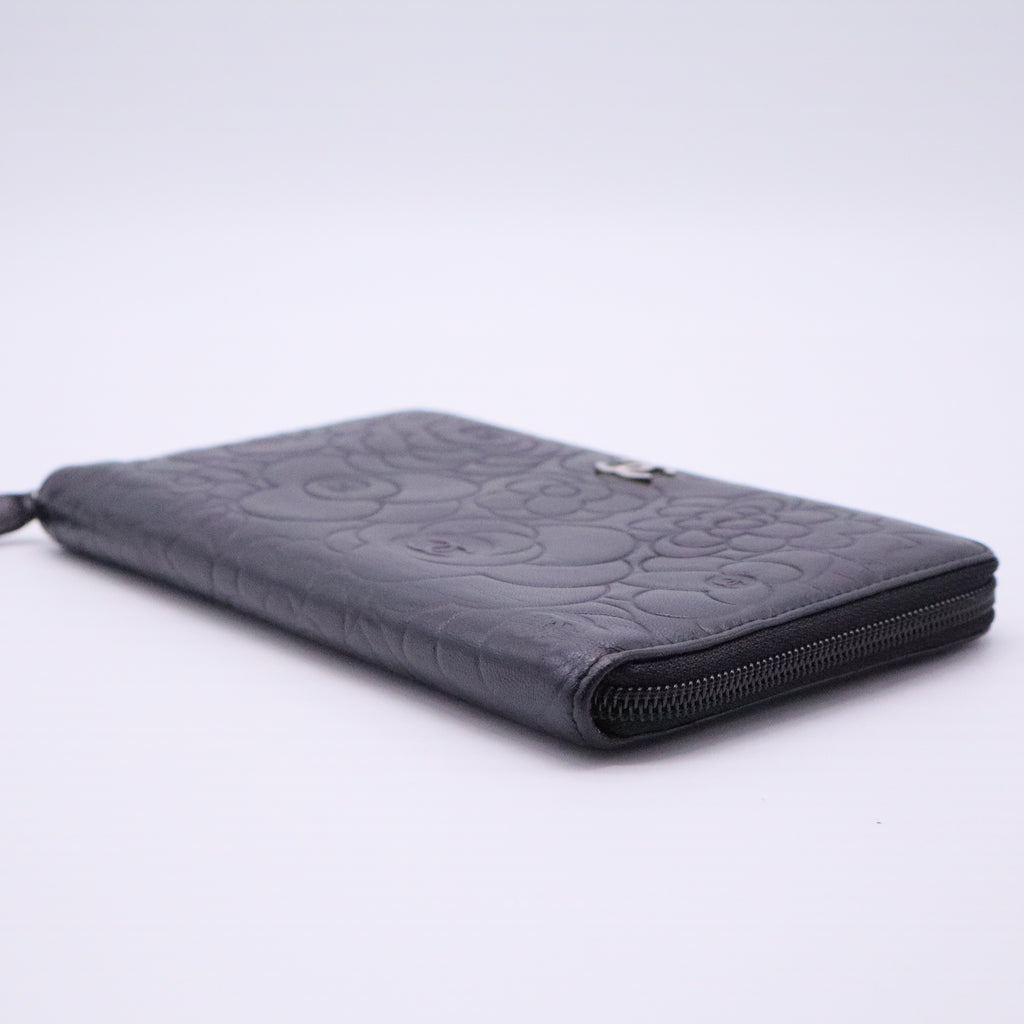Lambskin Camellia Embossed Zip Around Organizer Wallet