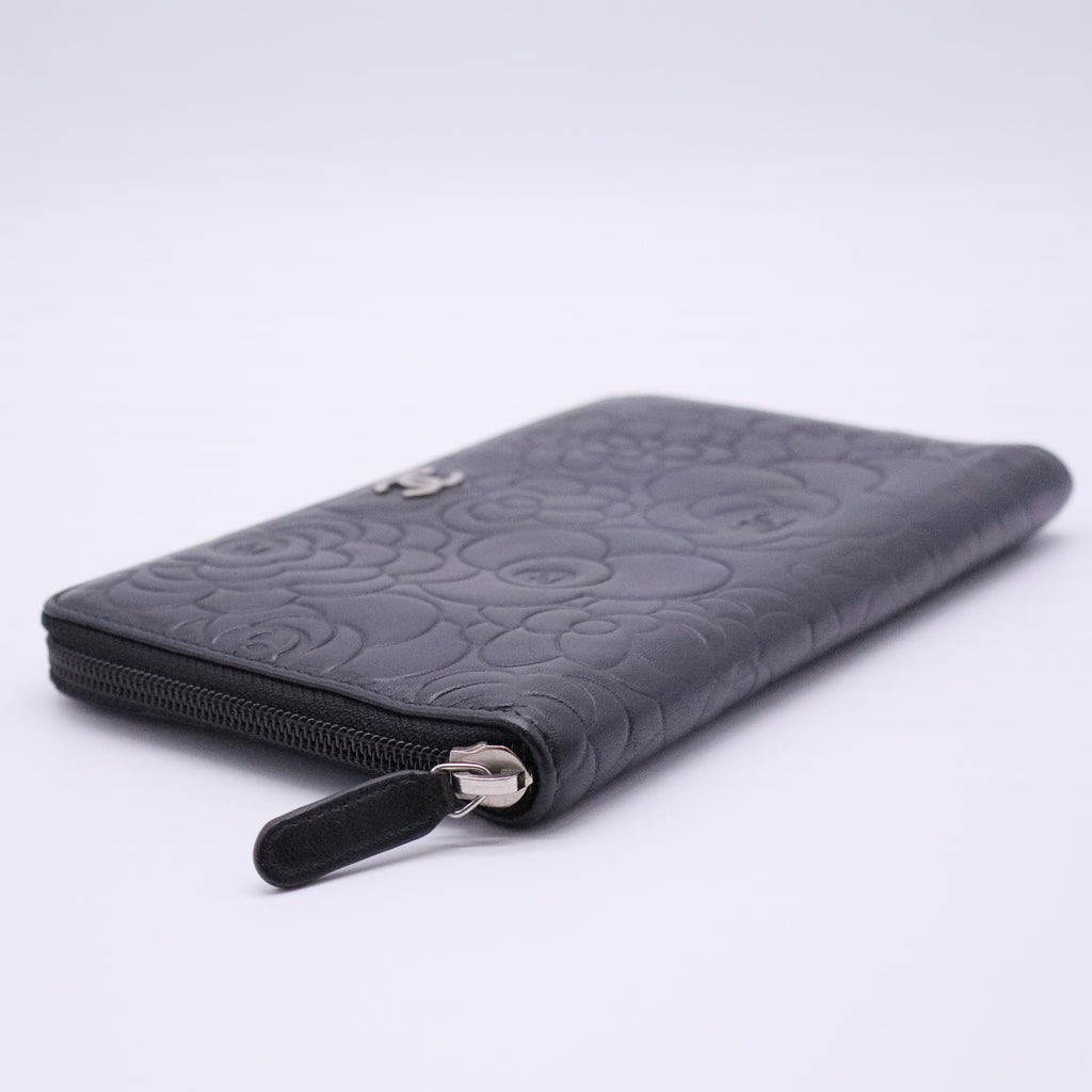 Lambskin Camellia Embossed Zip Around Organizer Wallet