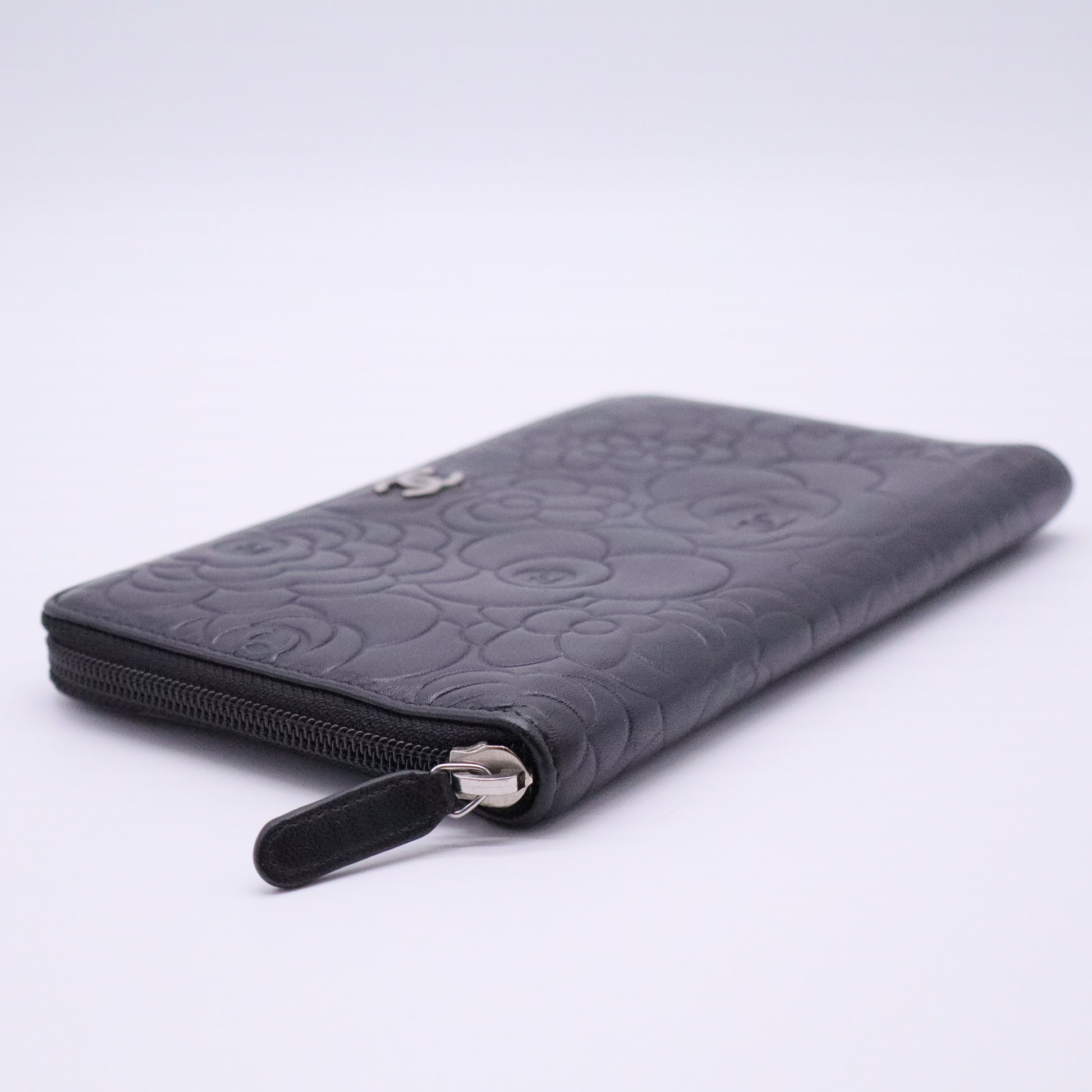 Lambskin Camellia Embossed Zip Around Organizer Wallet