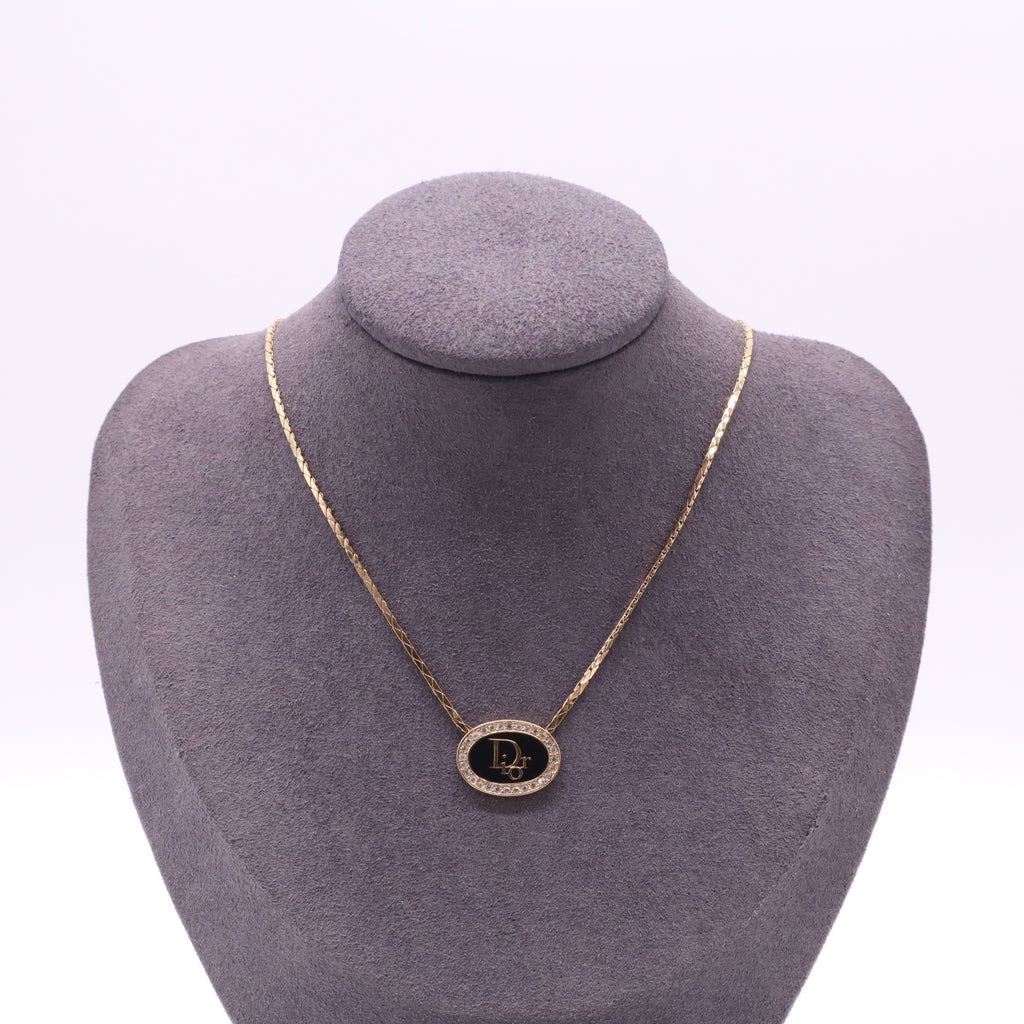 Christian Dior Vintage Black Oval Monogram Logo Rhinestone Necklace W21550