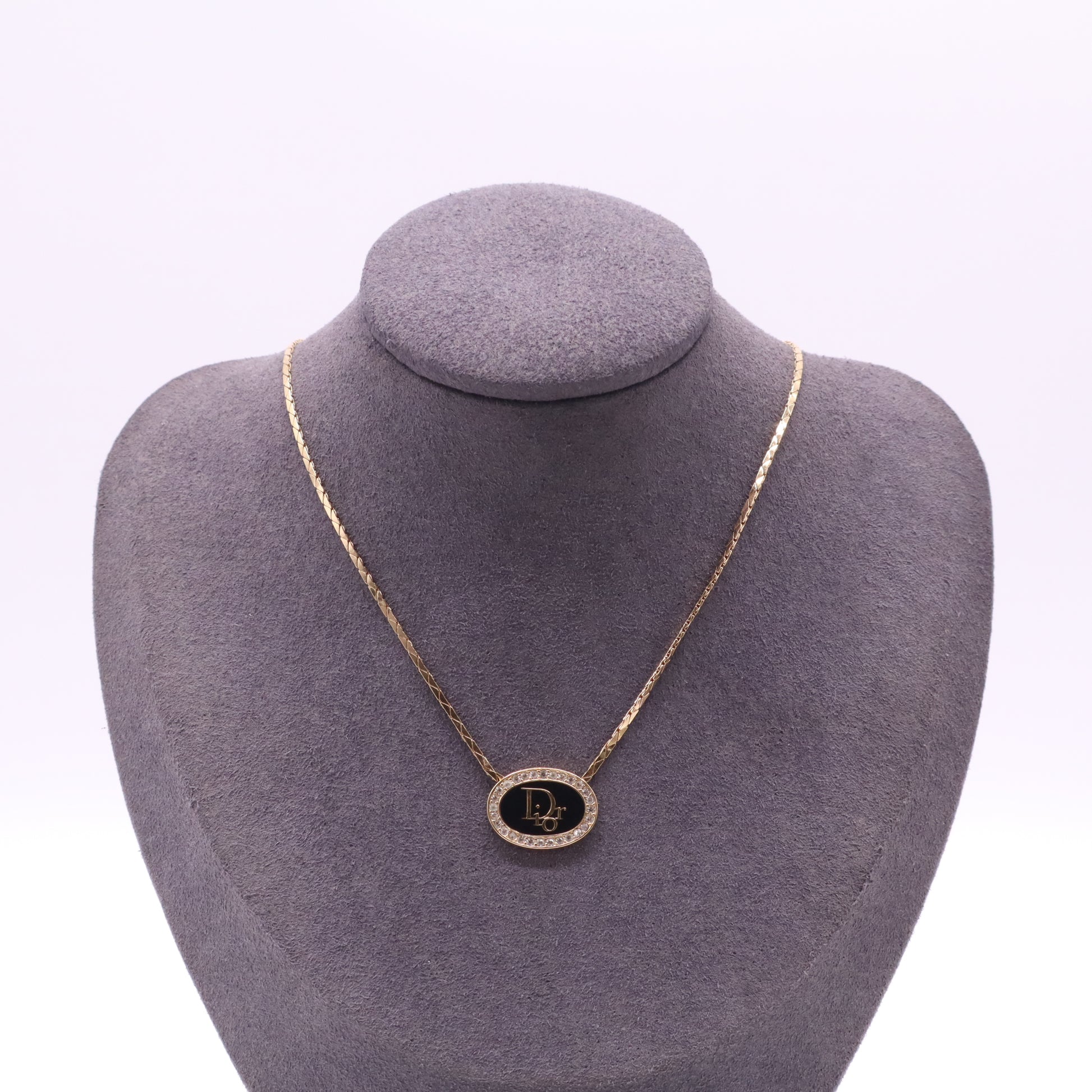 Christian Dior Vintage Black Oval Monogram Logo Rhinestone Necklace W21550