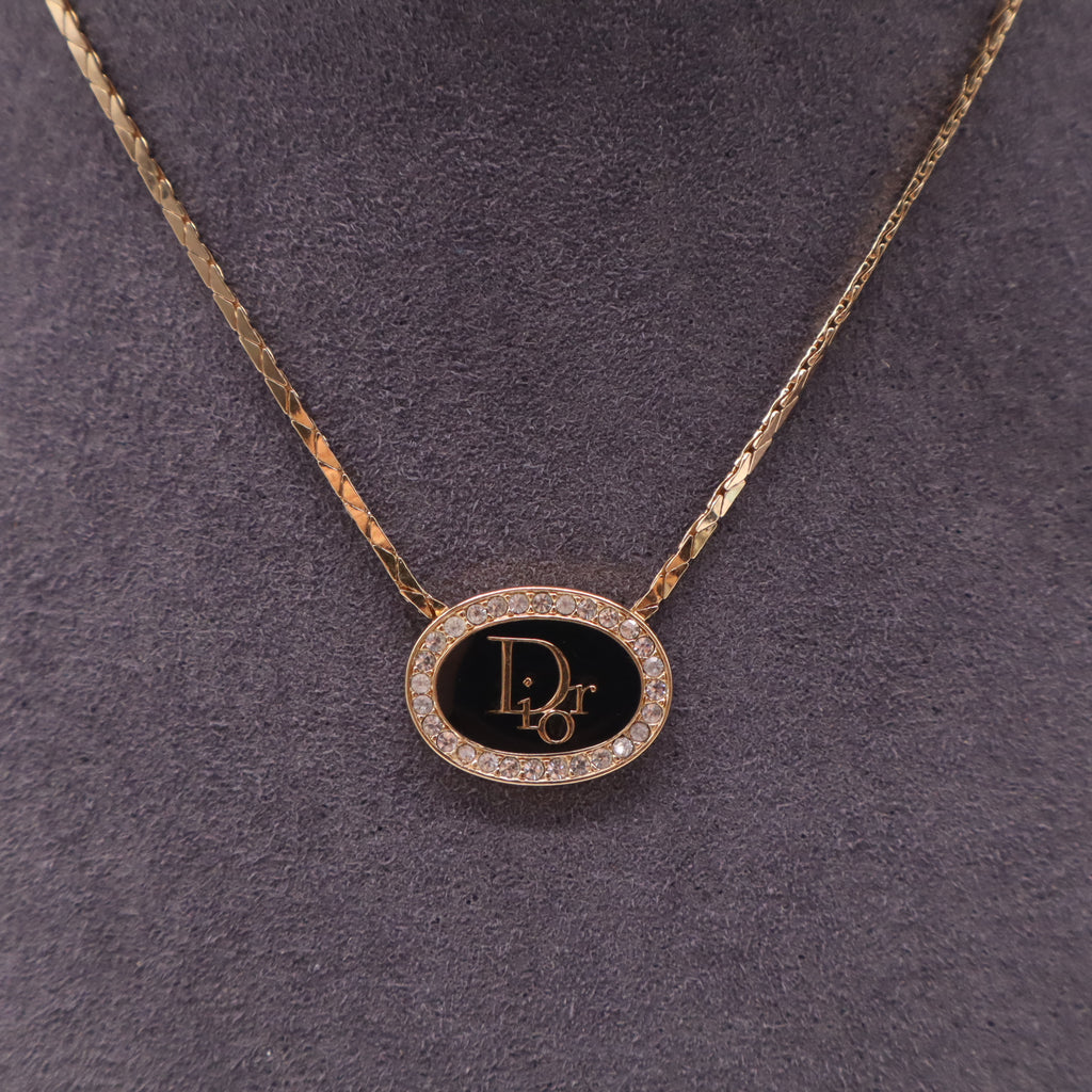 Christian Dior Vintage Black Oval Monogram Logo Rhinestone Necklace W21550