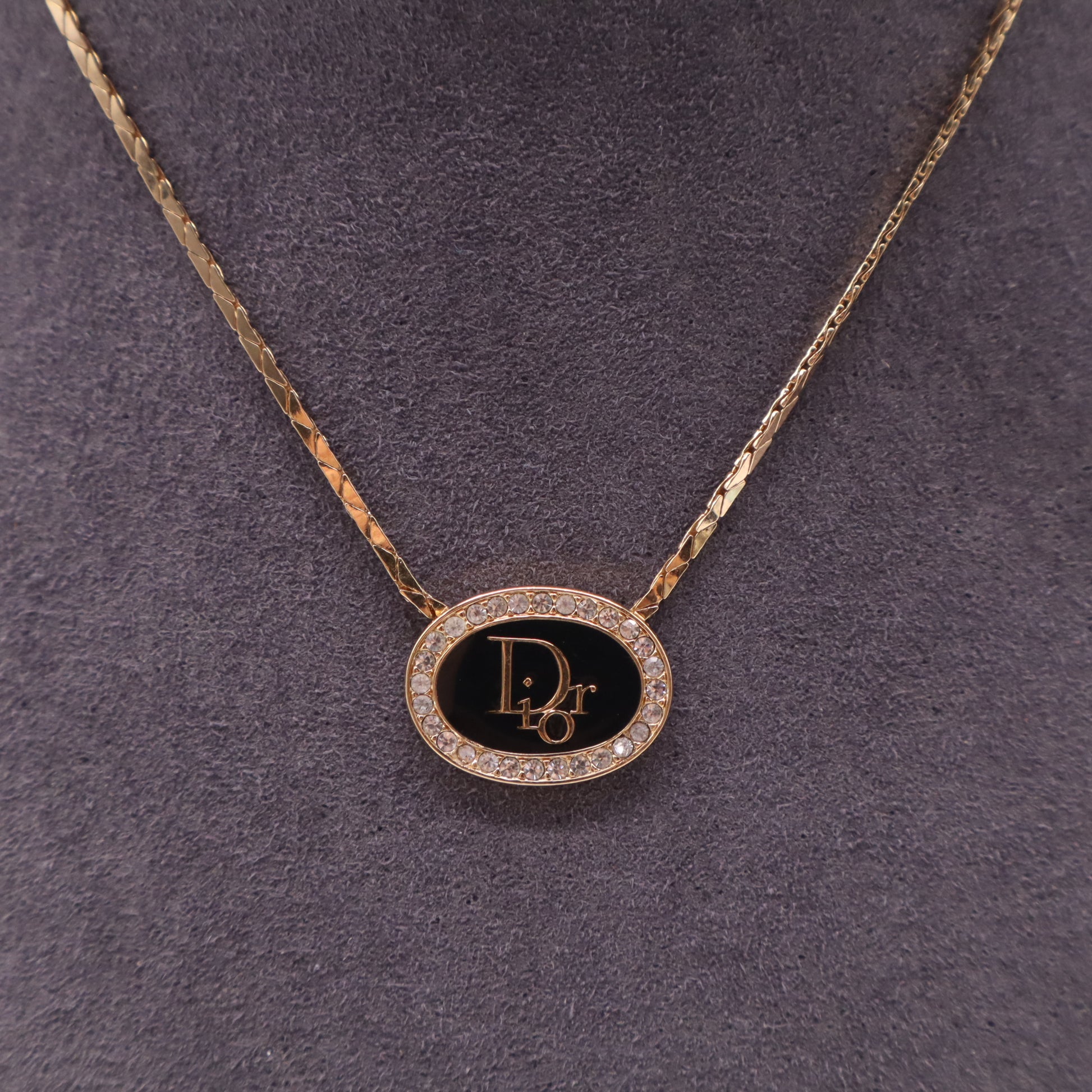 Christian Dior Vintage Black Oval Monogram Logo Rhinestone Necklace W21550