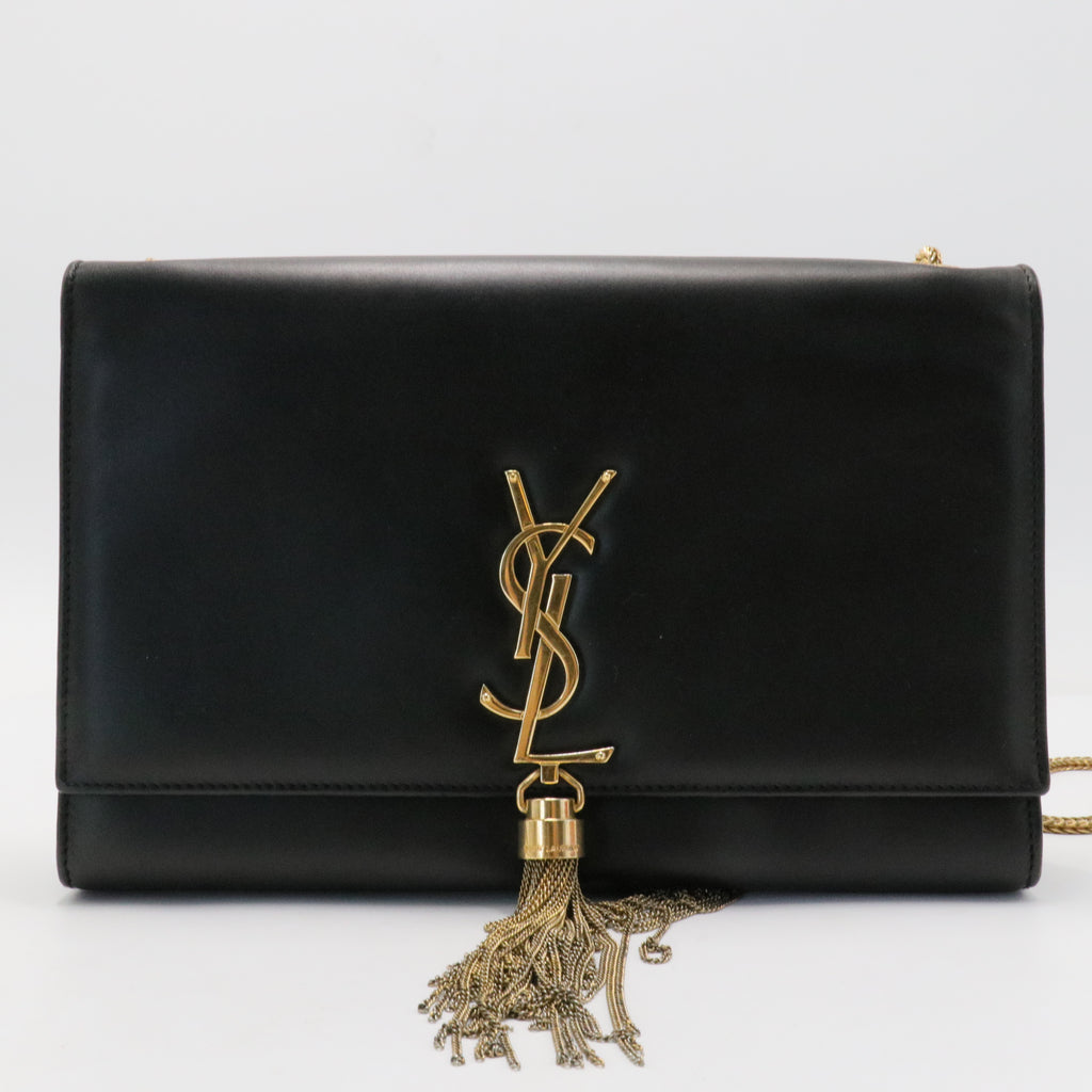 Smooth Calfskin Medium Classic Monogram Kate Tassel Satchel Black