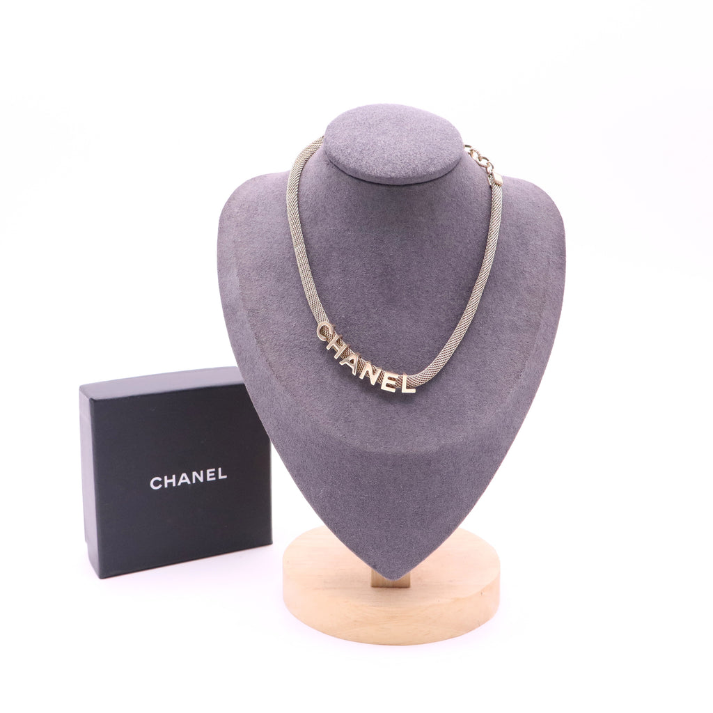 Chanel Gold Tone Logo Mesh Choker Necklace twins