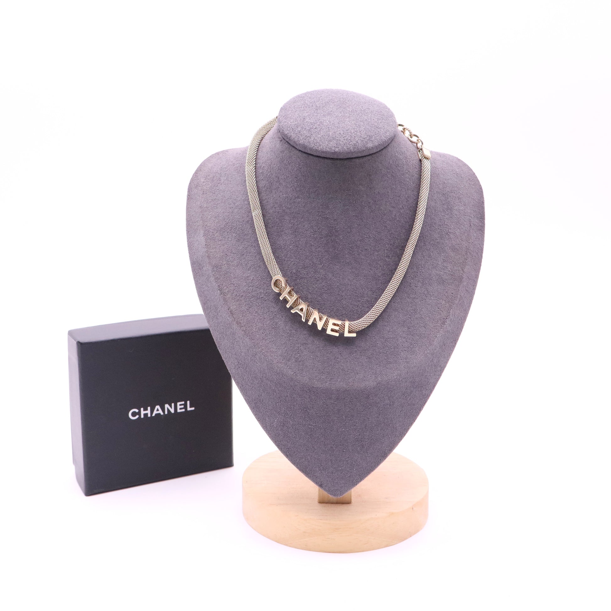 Chanel Gold Tone Logo Mesh Choker Necklace twins