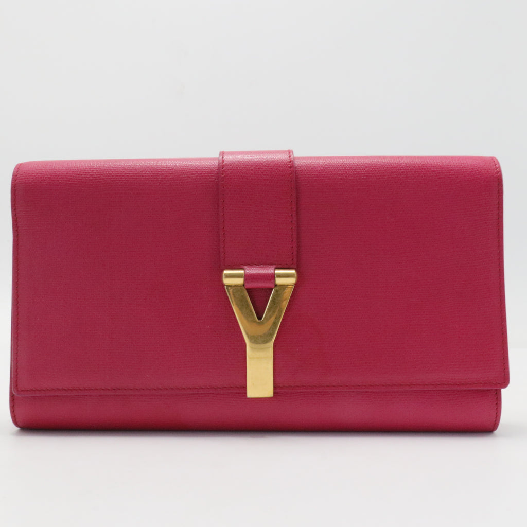 Pink Textured Leather Ligne Y Clutch Bag