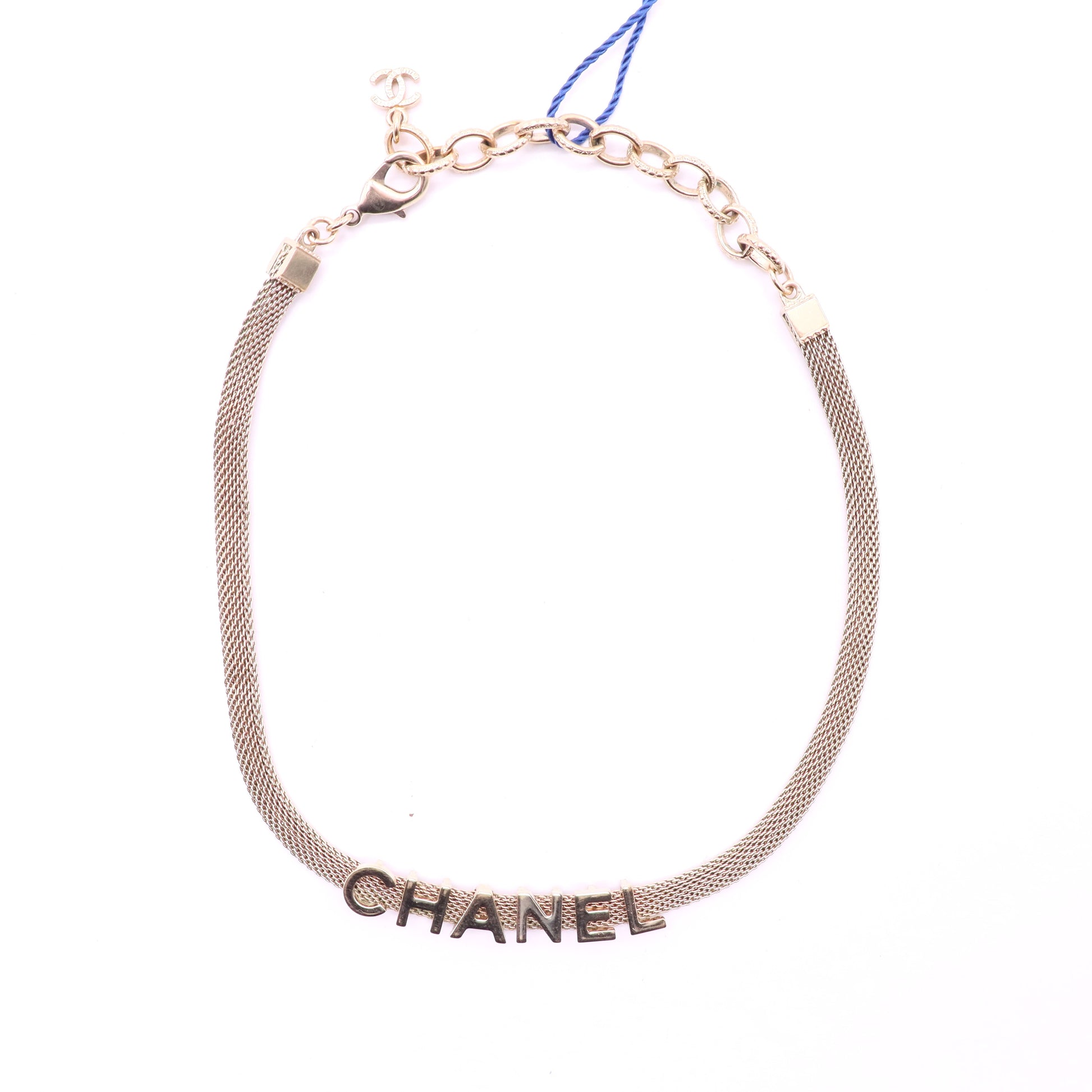Chanel Gold Tone Logo Mesh Choker Necklace twins