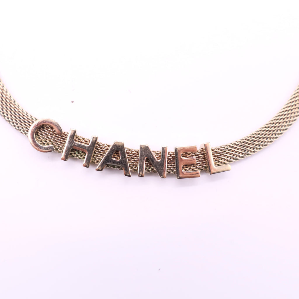 Chanel Gold Tone Logo Mesh Choker Necklace twins