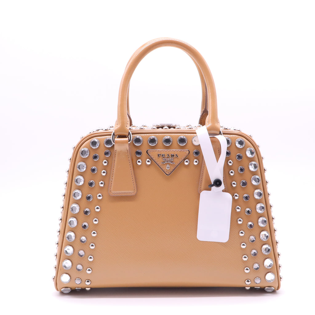 Pyramid Top Handle Bag Studded Vernice Saffiano Leather  B22177