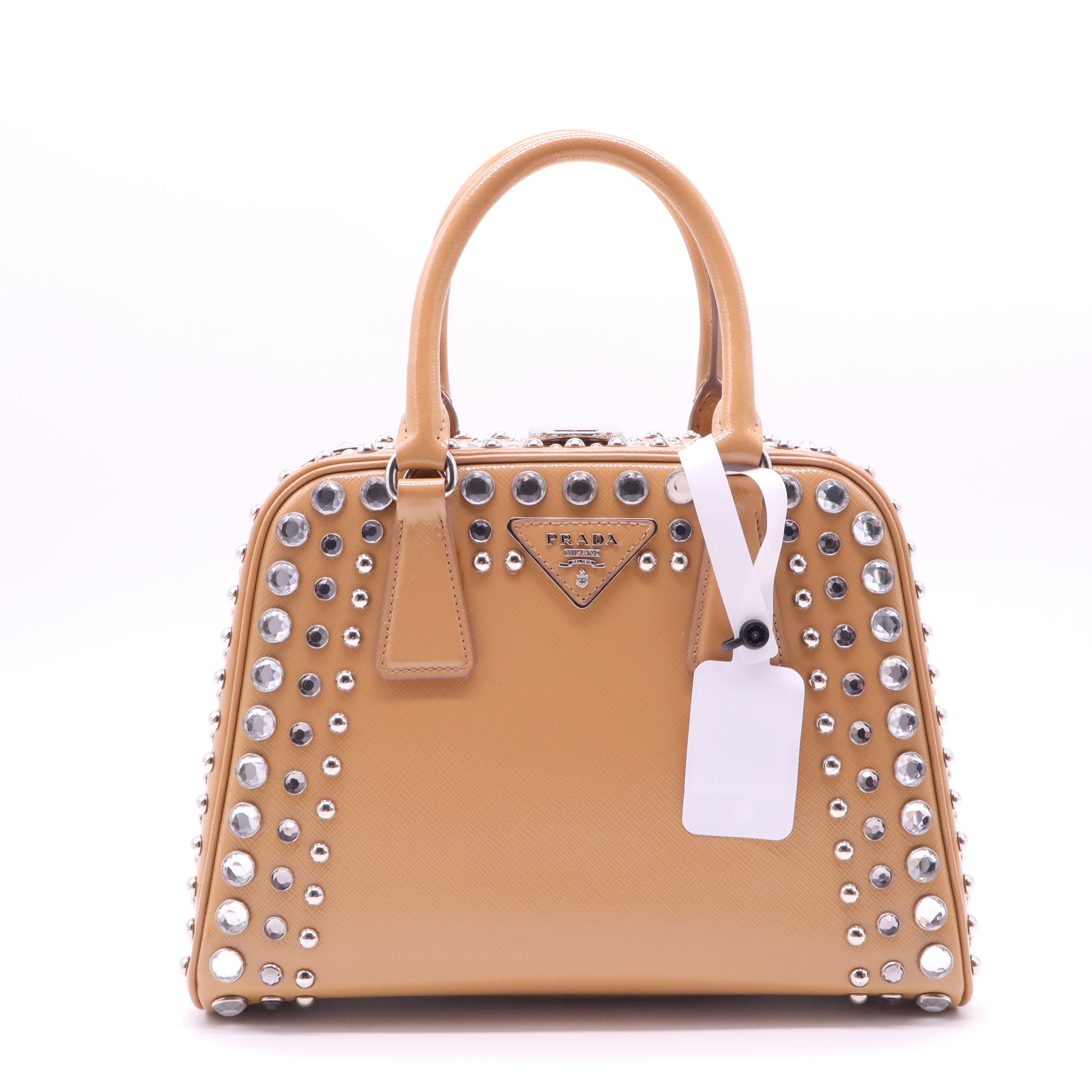 Pyramid Top Handle Bag Studded Vernice Saffiano Leather  B22177
