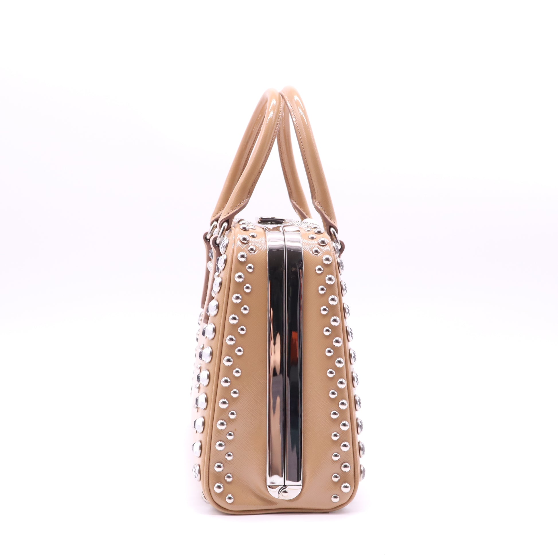 Pyramid Top Handle Bag Studded Vernice Saffiano Leather  B22177