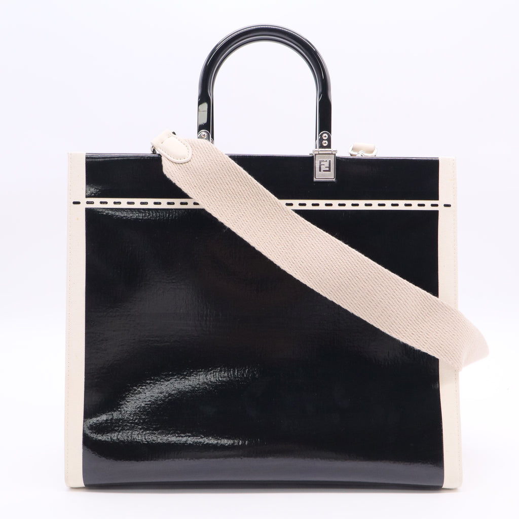 Black/Off White Canvas and Patent Leather Medium Sunshine Shopper Tote Twins LDJ3015