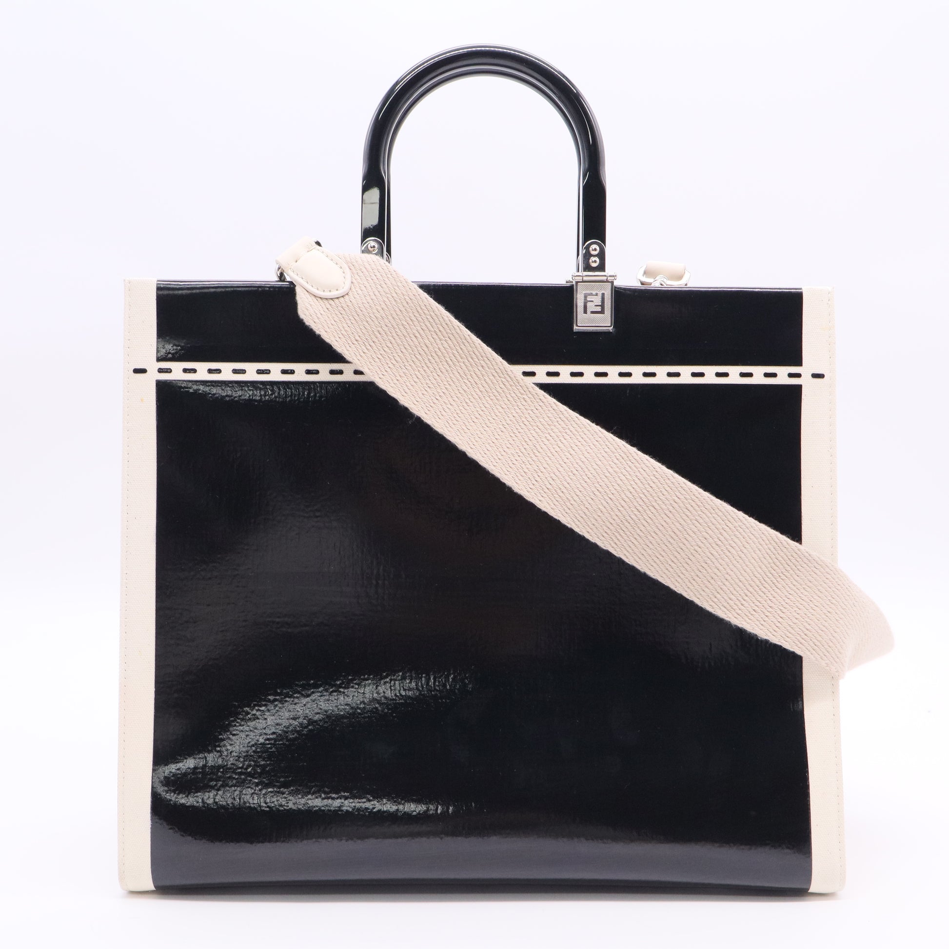 Black/Off White Canvas and Patent Leather Medium Sunshine Shopper Tote Twins LDJ3015