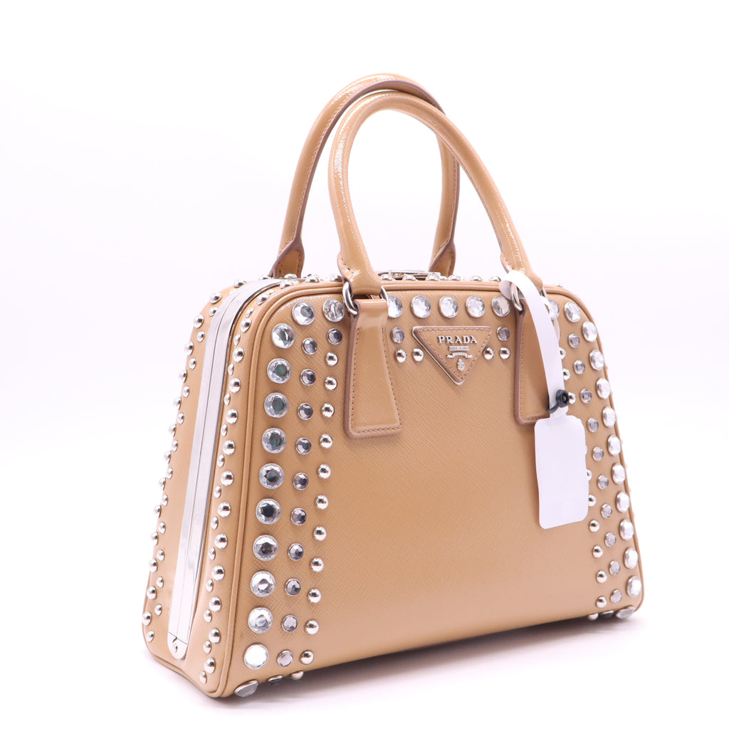 Pyramid Top Handle Bag Studded Vernice Saffiano Leather  B22177