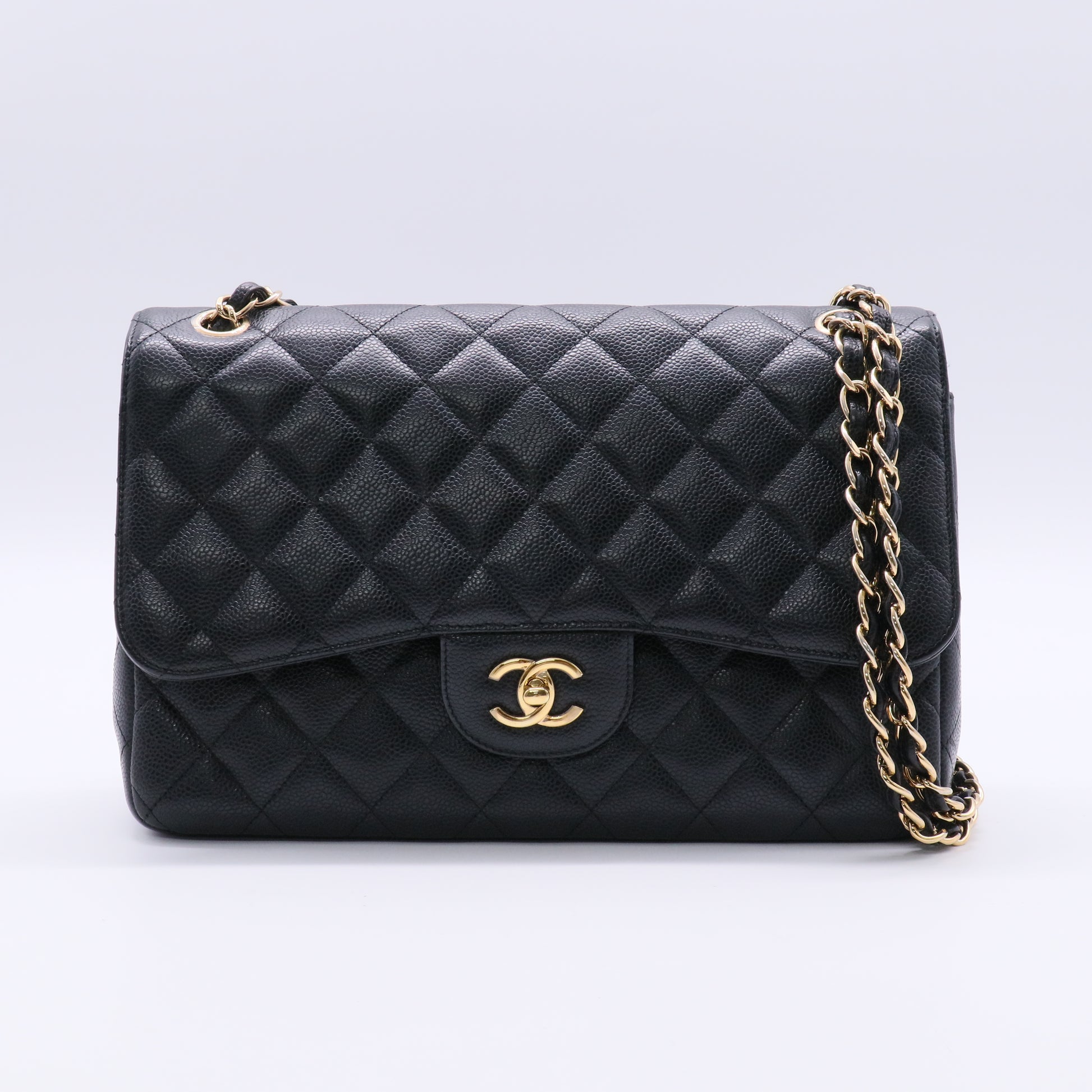 Black Caviar Leather Jumbo Double Flap Gold Hardware Bag Twins
