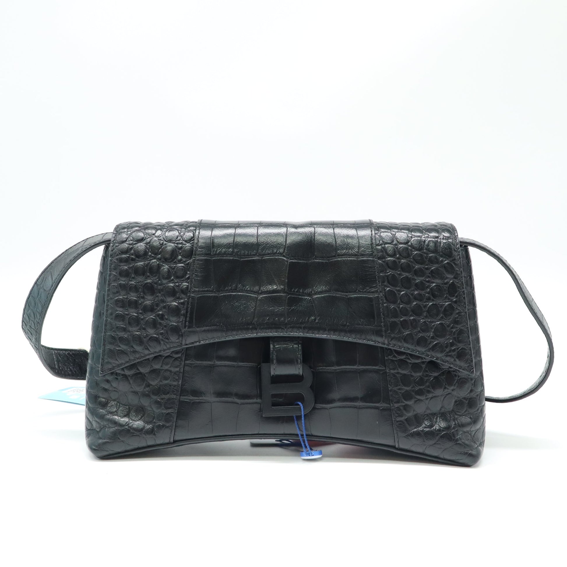 Balenciaga Black Croc Embossed Leather Soft Hourglass Shoulder Bag twins LDJ4328