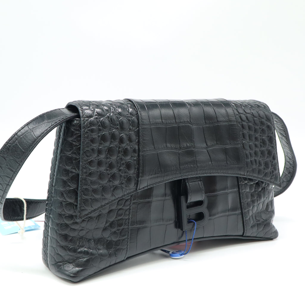 Balenciaga Black Croc Embossed Leather Soft Hourglass Shoulder Bag twins LDJ4328